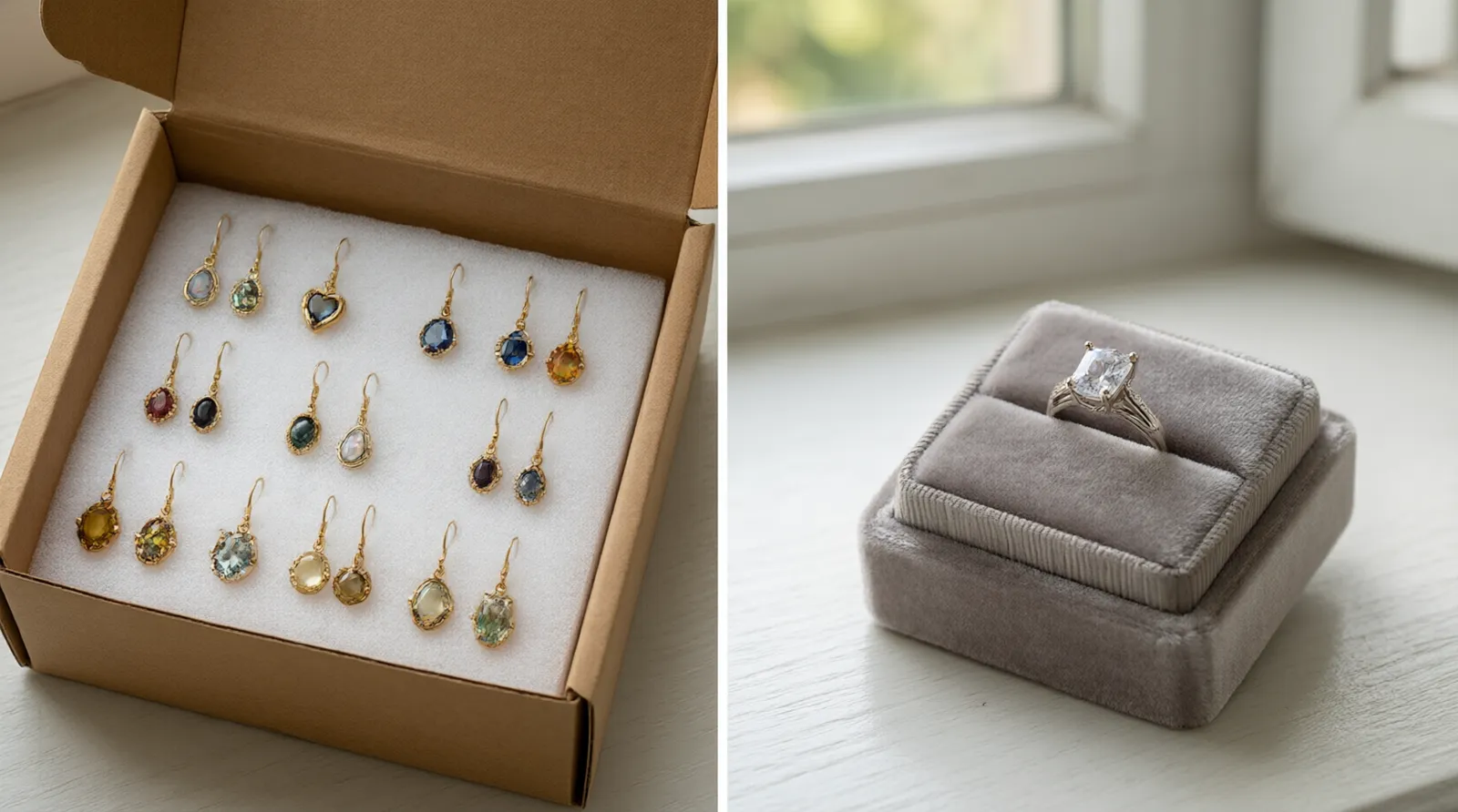 custom jewelry - A split-screen photorealistic comparison showing a bulk shipment box of 12-piece custom drop earrings on the left, and a single velvet retail ring box containing a birthstone ring on the right, highlighting the scale difference between B2B and B2C sourcing