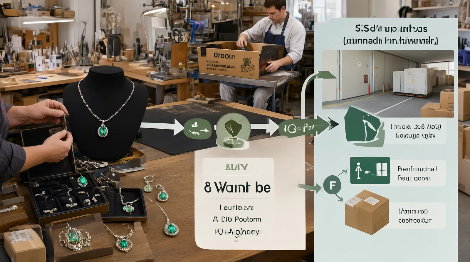 custom jewelry - An annotated informational diagram showing the supply chain flow of custom OEM jewelry from a workshop through QC inspection, export customs, and international freight to a US/EU warehouse, contrasted with a direct-to-consumer retail shipping route