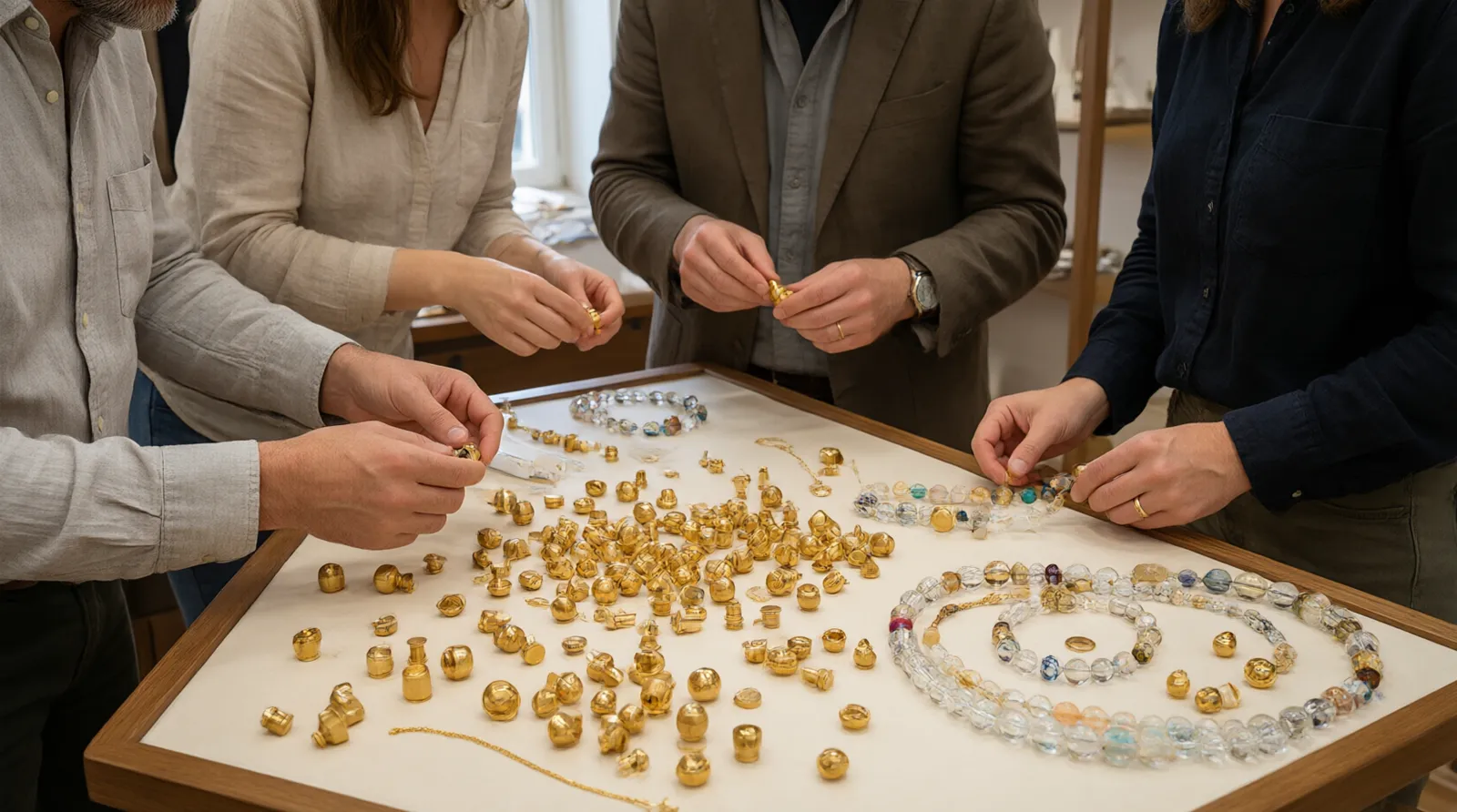 custom jewelry - An editorial photo of a multilingual procurement team reviewing physical samples of gold-plated copper stud earrings and two-tone glass bead necklaces on a lightbox table in a showroom