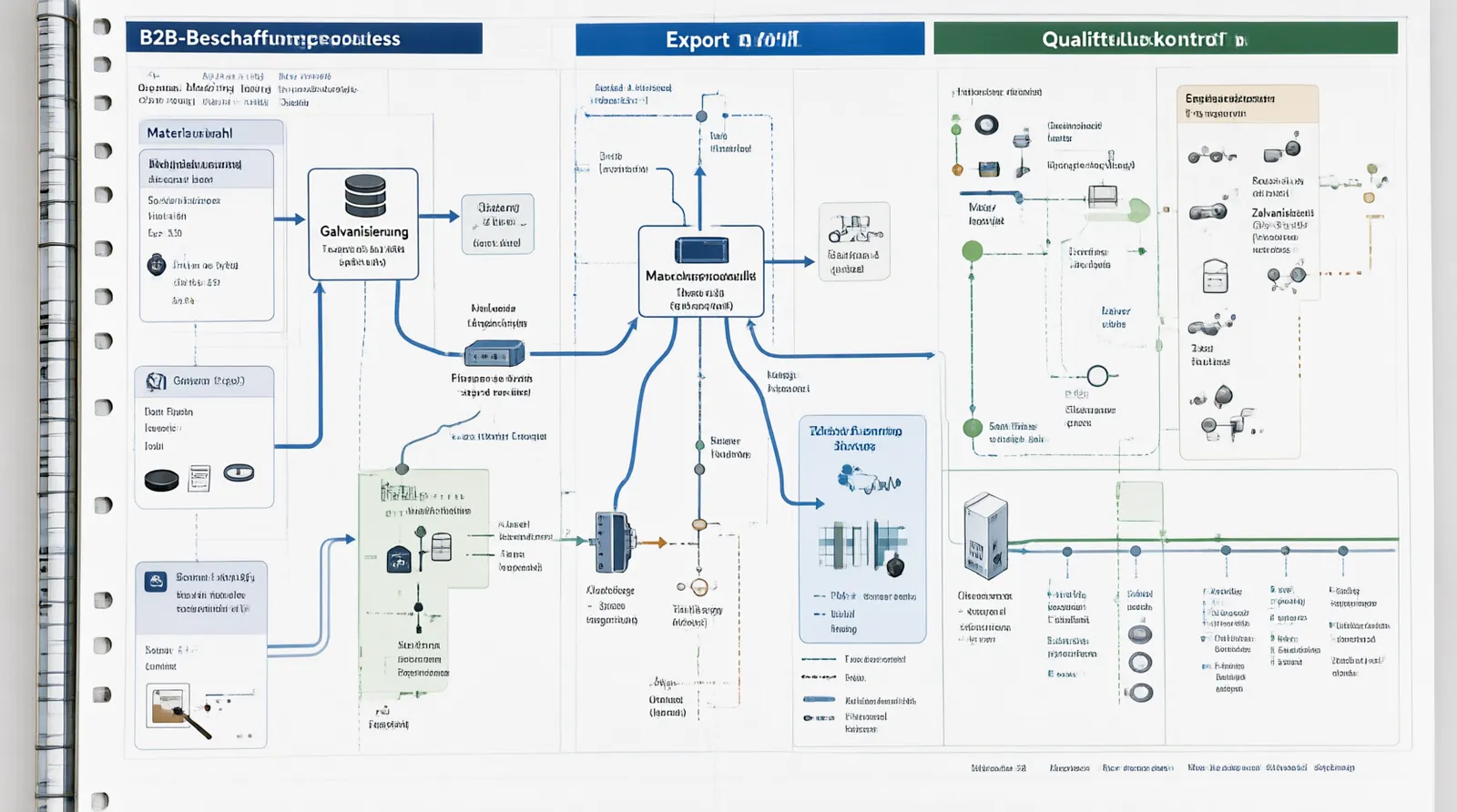 baumperlen schmuck - Informationsdiagramm, das den B2B-Beschaffungsprozess von der Materialauswahl über die Galvanisierung bis zur Qualitätskontrolle und zum Export in verschiedene Zeitzonen visuell darstellt