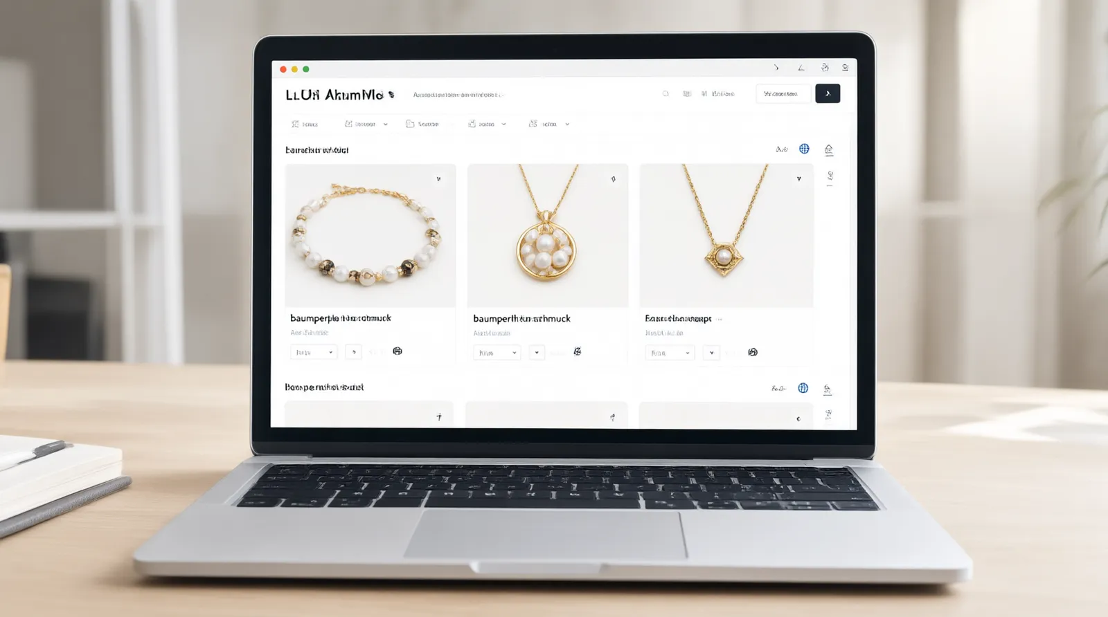 baumperlen schmuck - Annotiertes Mockup eines digitalen B2B-Bestellportals, in dem ein Einkäufer verschiedene Ohrring-Designs auswählt, die MOQ von 12 Stück bestätigt und die Versandoptionen zwischen Luft- und Seefracht vergleicht
