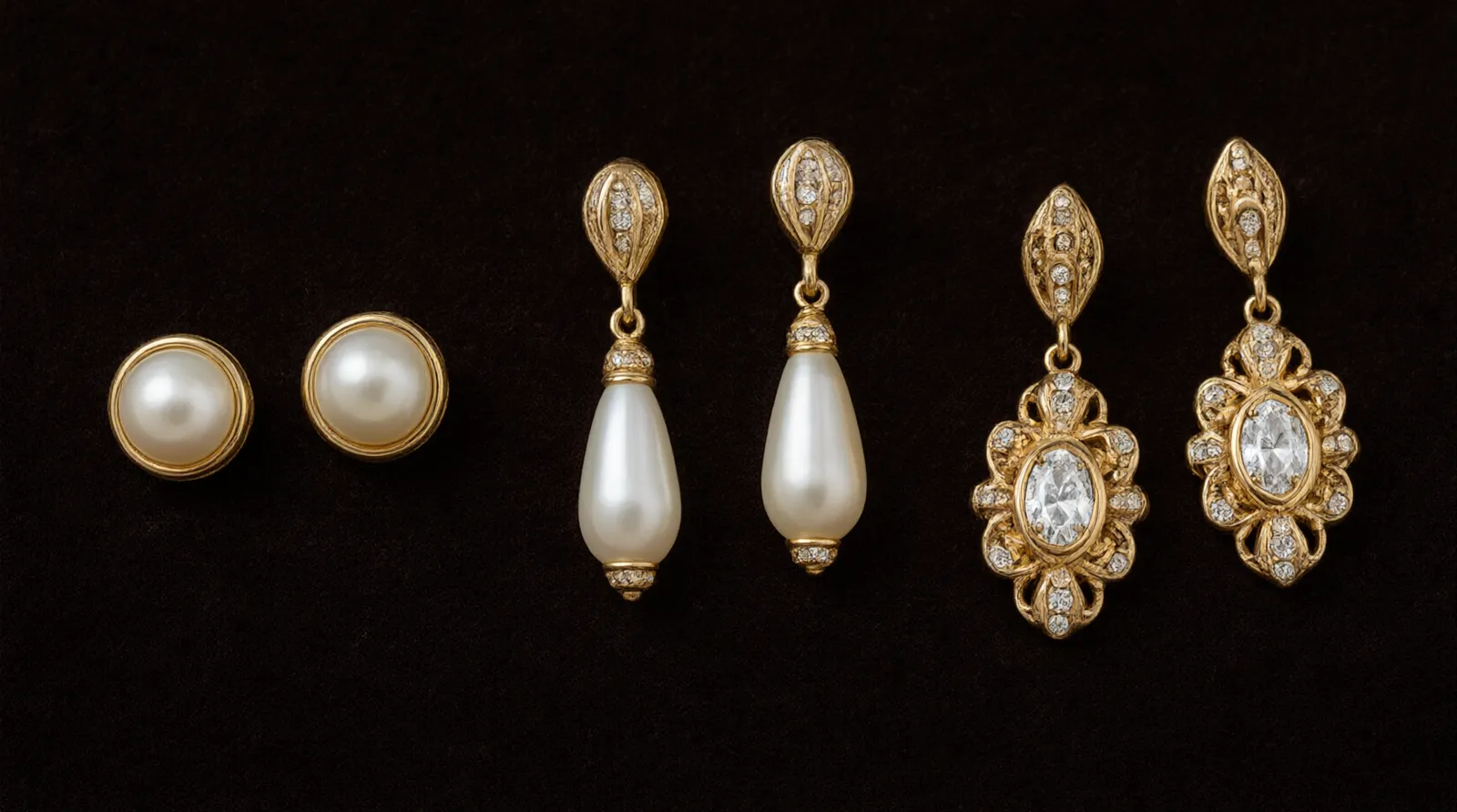 pendientes de perlas de oro - Fotografía editorial profesional mostrando tres pares de pendientes de perlas de oro sobre un fondo de terciopelo oscuro, destacando diferentes estilos: botón clásico, lágrima colgante y diseño vintage con incrustaciones de cristal