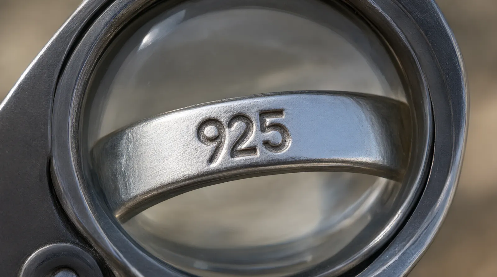 925 silver meaning - صورة فوتوغرافية واقعية تظهر عدسة مكبرة مركزة على ختم 925 المحفور داخل خاتم فضي، مع إبراز ملمس المعدن ولمعانه لتوضيح كيفية فحص علامات الجودة عند الاستلام