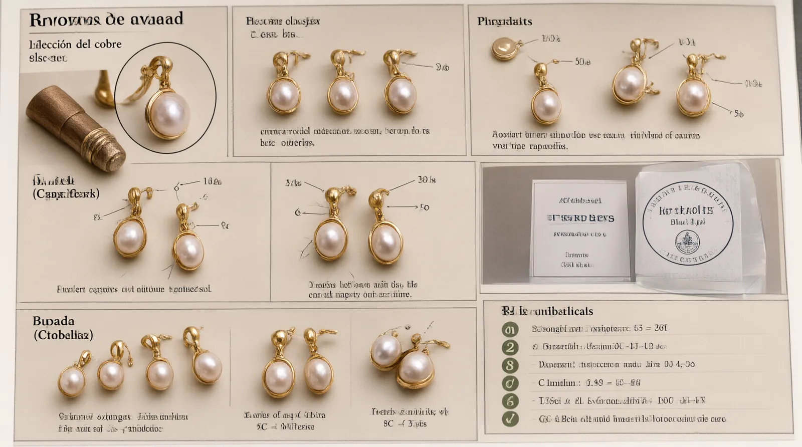 pendientes de perlas de oro - Diagrama informativo que ilustra el proceso de control de calidad (QC) de unos pendientes de perlas de oro, desde la selección del cobre base, pasando por el chapado, hasta la inspección final antes del embalaje