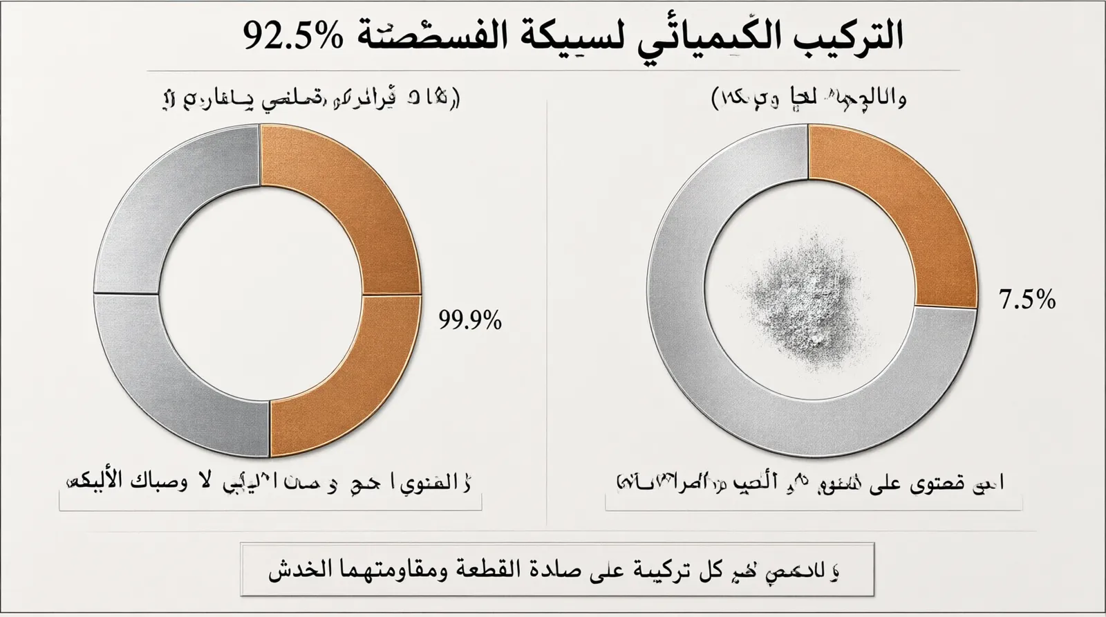 925 silver meaning - رسم بياني معلوماتي يوضح التركيب الكيميائي لسبيكة الفضة الاسترليني (92.5% فضة و 7.5% نحاس) مقارنة بالفضة الخالصة 99.9% وسبائك الألبكة التي لا تحتوي على فضة، مع إبراز تأثير كل تركيبة على صلابة القطعة ومقاومتها للخدش