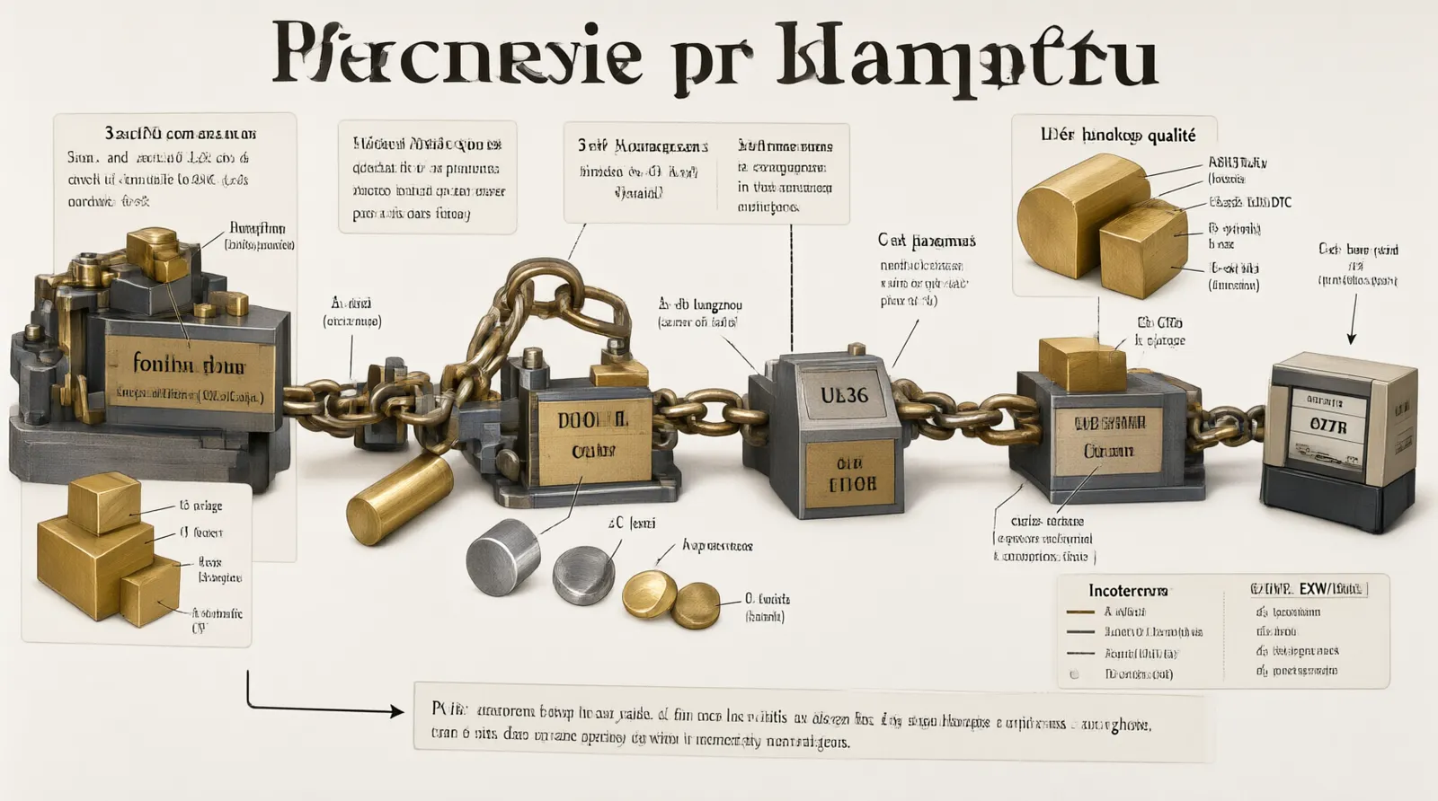 laiton bijoux - Diagramme d'information annoté illustrant la chaîne d'approvisionnement du laiton, de la fonderie UZ36 à Hangzhou jusqu'au client DTC aux États-Unis, incluant les étapes de contrôle qualité, de placage et les incoterms EXW/FOB