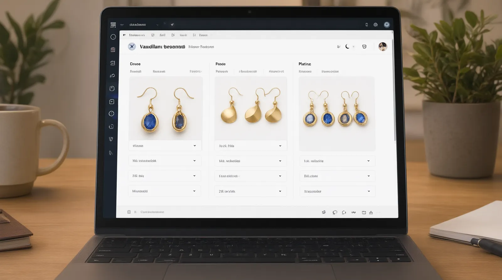 laiton bijoux - Maquette d'interface utilisateur annotée d'un portail B2B montrant la sélection d'un modèle de boucle d'oreille en laiton, avec les champs de personnalisation OEM (type de placage, choix des pierres, calcul automatique du MOQ et estimation des incoterms FOB)