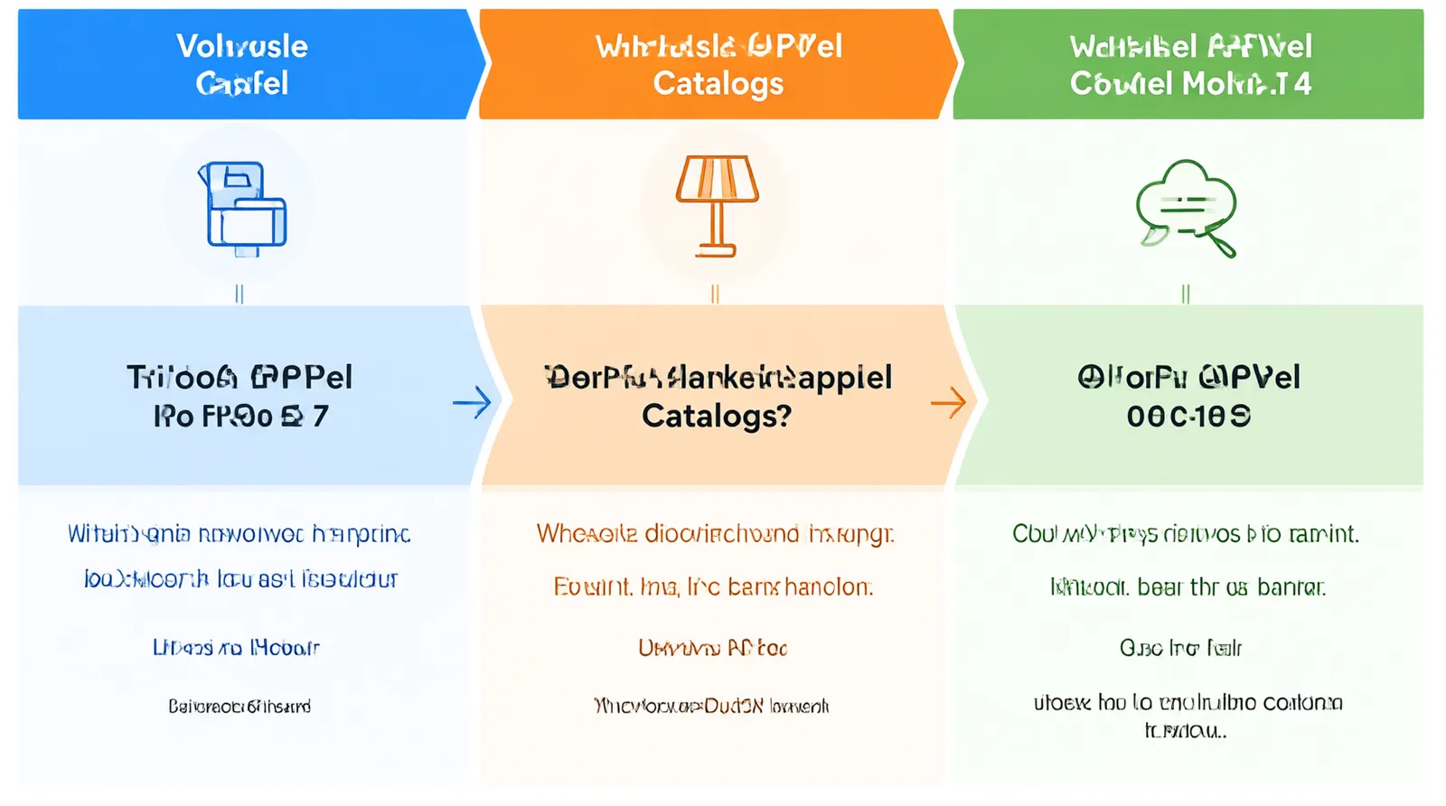 wholesale apparel catalog - Informational diagram mapping the buyer's journey from identifying catalog pain points to selecting the correct alternative based on volume, localization needs, and risk tolerance