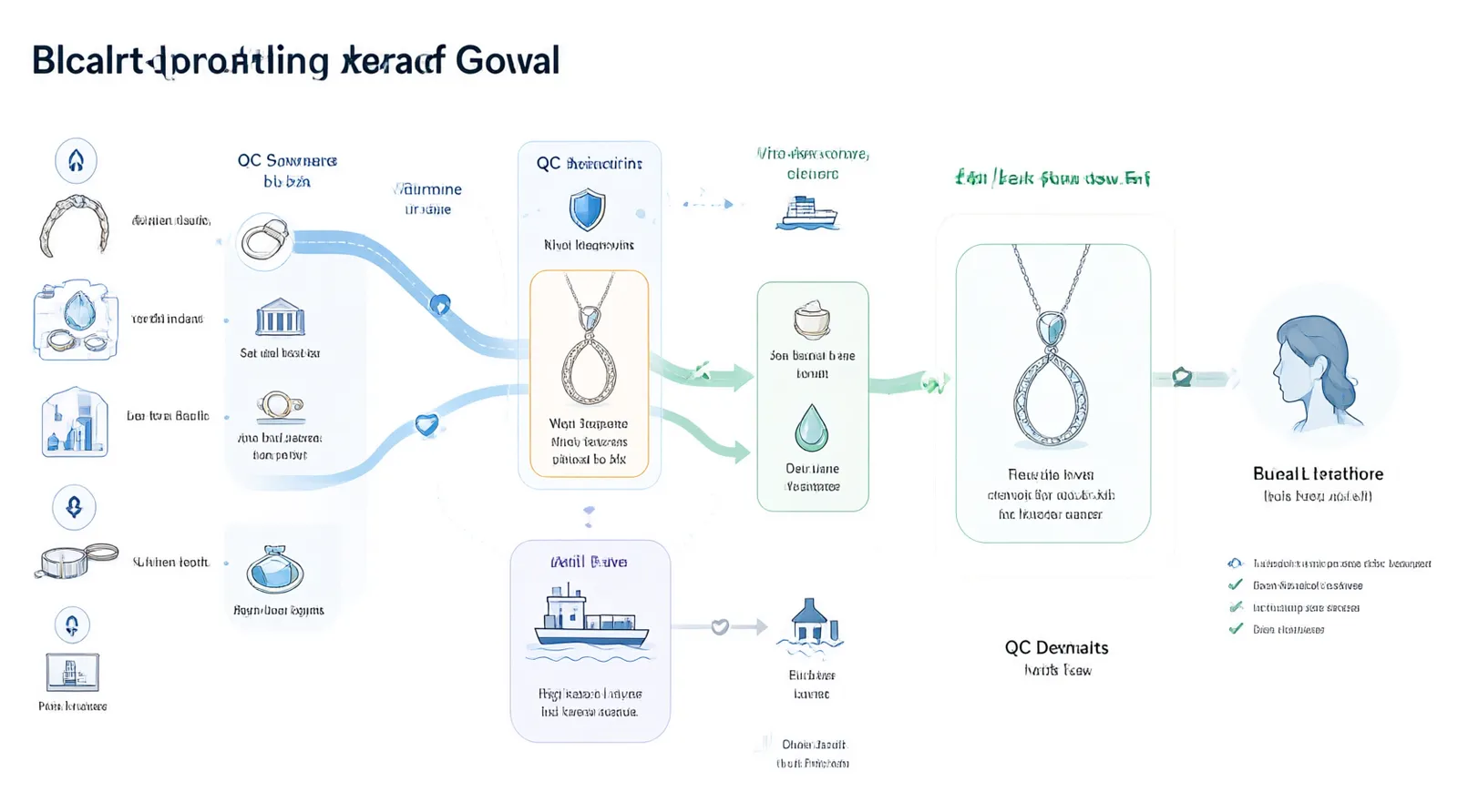 custom jewelry - An annotated diagram showing the supply chain flow from vetted Chinese workshops to overseas DTC buyers, highlighting QC checkpoints, multilingual communication nodes, and shipping routes via air, sea, and express