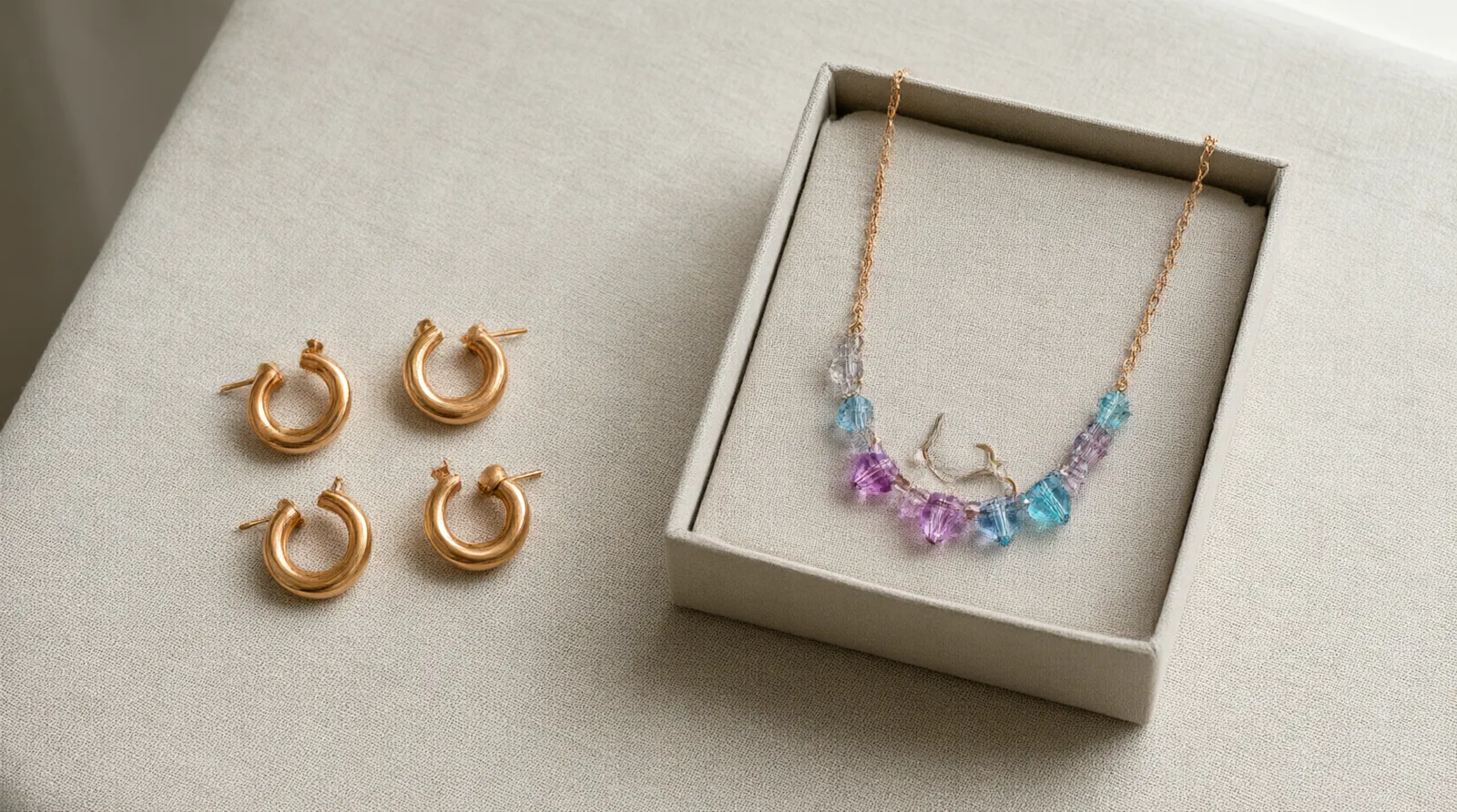 custom jewelry - A photorealistic flat-lay editorial photo comparing a raw OEM custom jewelry sample (gold-plated copper stud earrings and a gradient crystal necklace set) next to a finished retail display box, illustrating the transition from factory to DTC storefront
