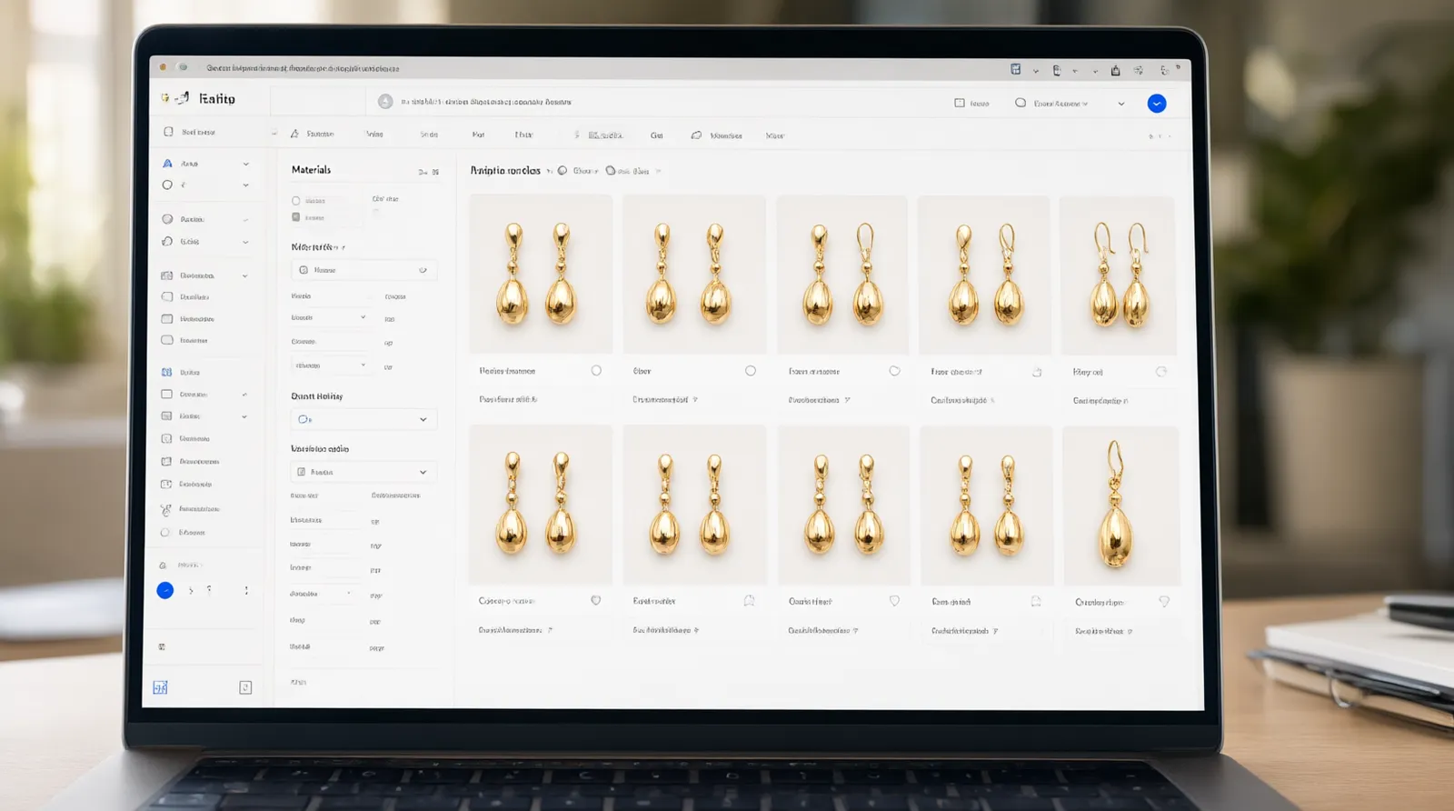 custom jewelry - An informational UI mockup of a B2B sourcing portal showing filters for "Drop Earrings," "Gold-Plated Copper," and "MOQ: 12 pcs," demonstrating how buyers navigate custom jewelry alternatives digitally