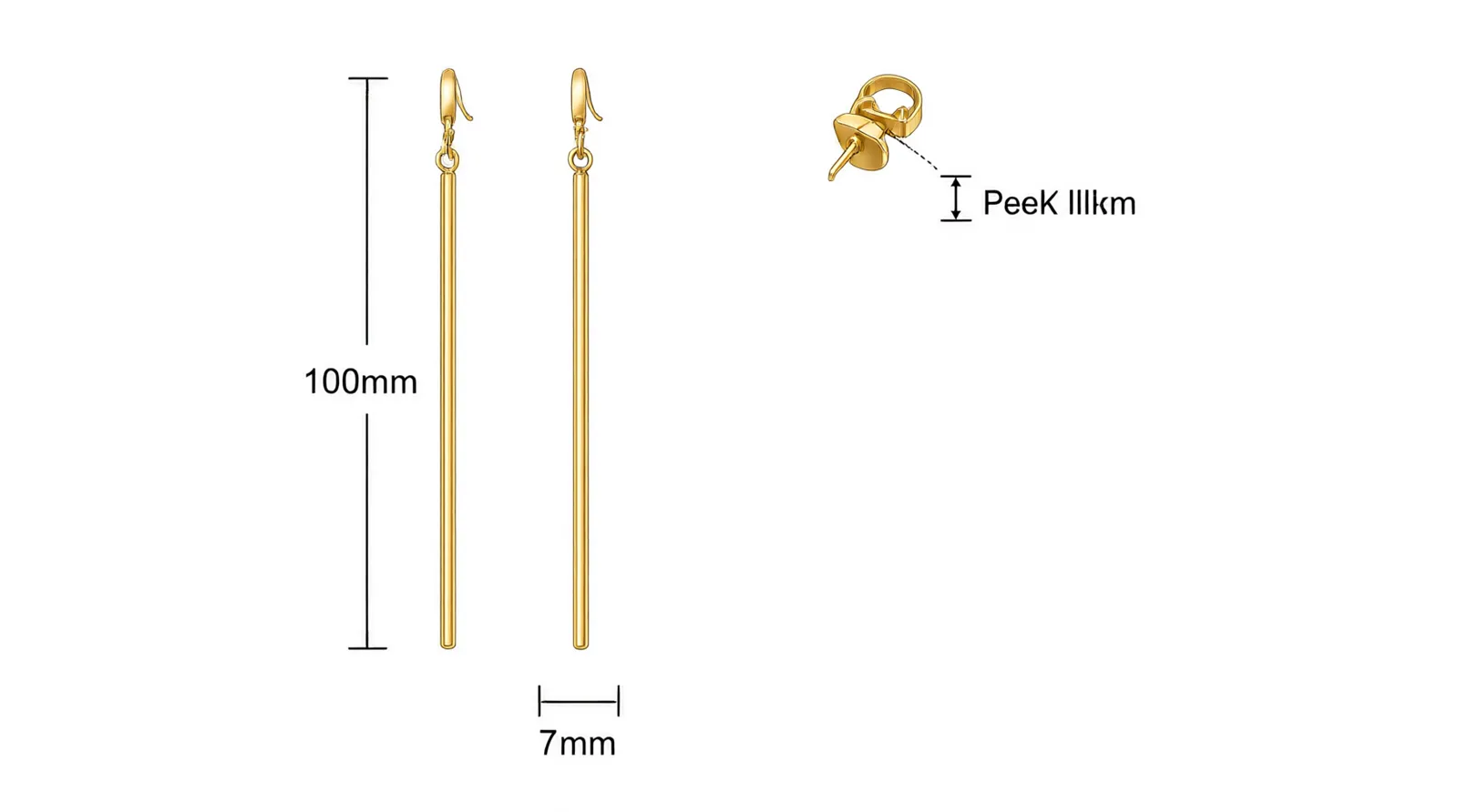 pendientes largos oro - Diagrama técnico anotado que muestra las dimensiones exactas de unos pendientes largos oro de 100mm de alto, 7mm de ancho y 1.9mm de grosor, señalando el tipo de cierre a presión y el grosor del baño de 18kt para evaluación de calidad B2B