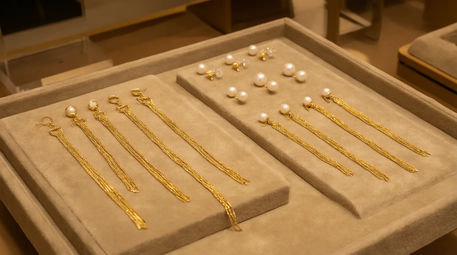 pendientes largos oro - Fotografía editorial profesional mostrando un expositor B2B con conjuntos de pendientes largos dorados, collares a juego y aretes de perlas falsas, organizados por colecciones para una presentación de catálogo a compradores minoristas