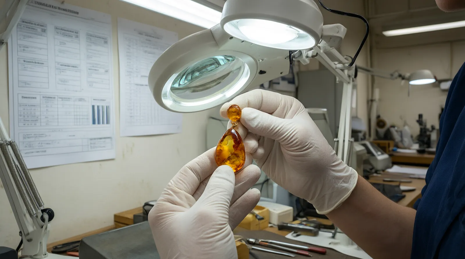 bijoux ambre - Photo photoréaliste d'un inspecteur qualité ganté examinant une boucle d'oreille pendante en résine ambrée sous une lampe loupe dans un atelier de Hangzhou, avec un tableau de bord de conformité REACH visible en arrière-plan.
