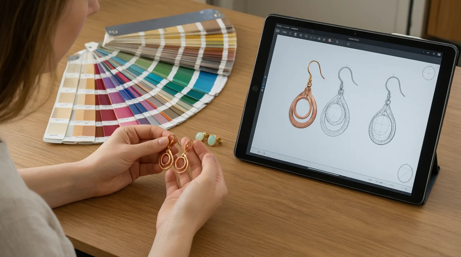 custom jewelry - A photorealistic scene of a procurement manager reviewing gold-plated copper drop earrings and natural stone studs against a Pantone color guide and a digital CAD file on a tablet
