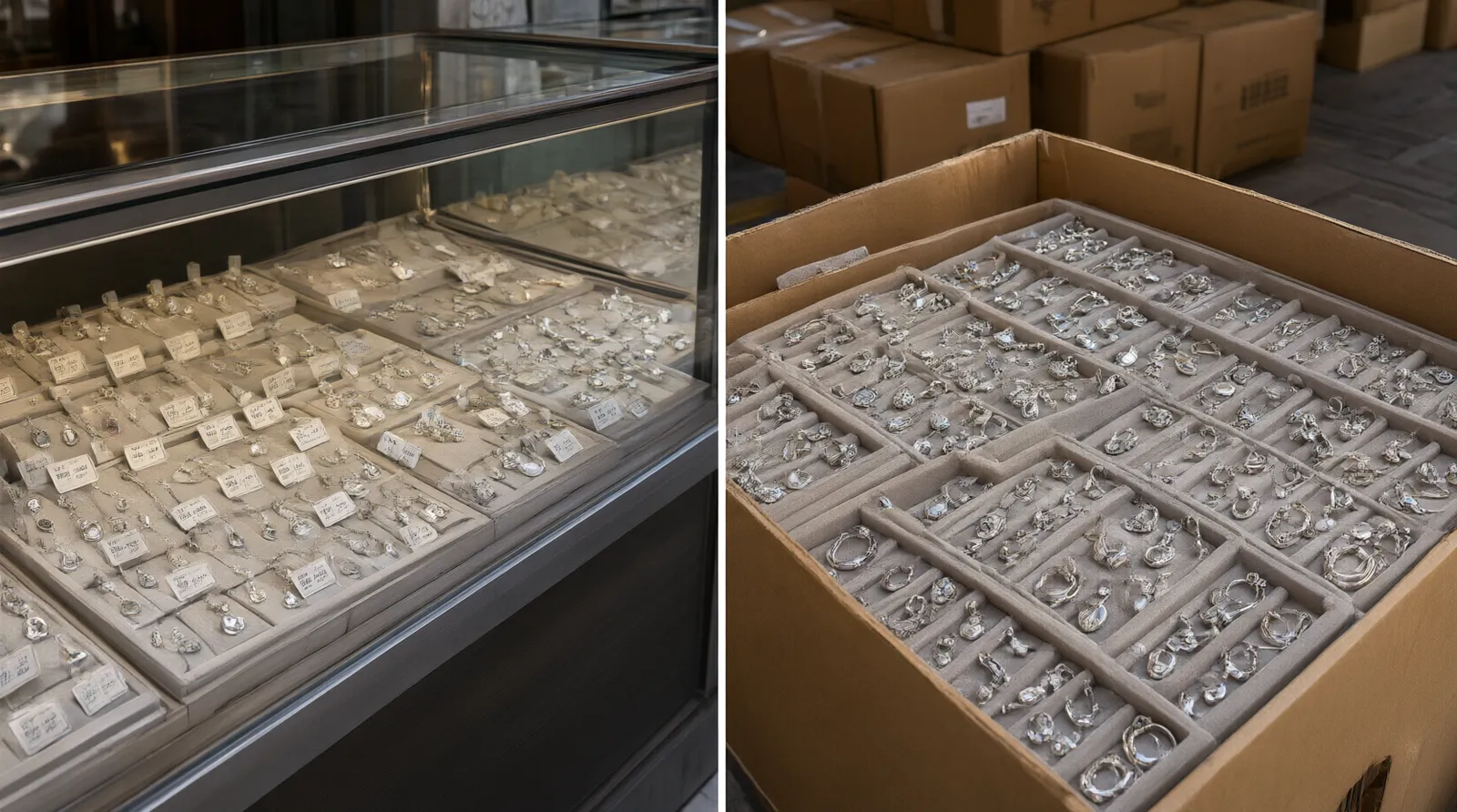 custom jewelry - An editorial photo showing a split screen: on the left, a retail jewelry display case with fixed price tags; on the right, a shipping carton stamped with FOB markings containing organized trays of rhodium-plated fashion jewelry ready for export