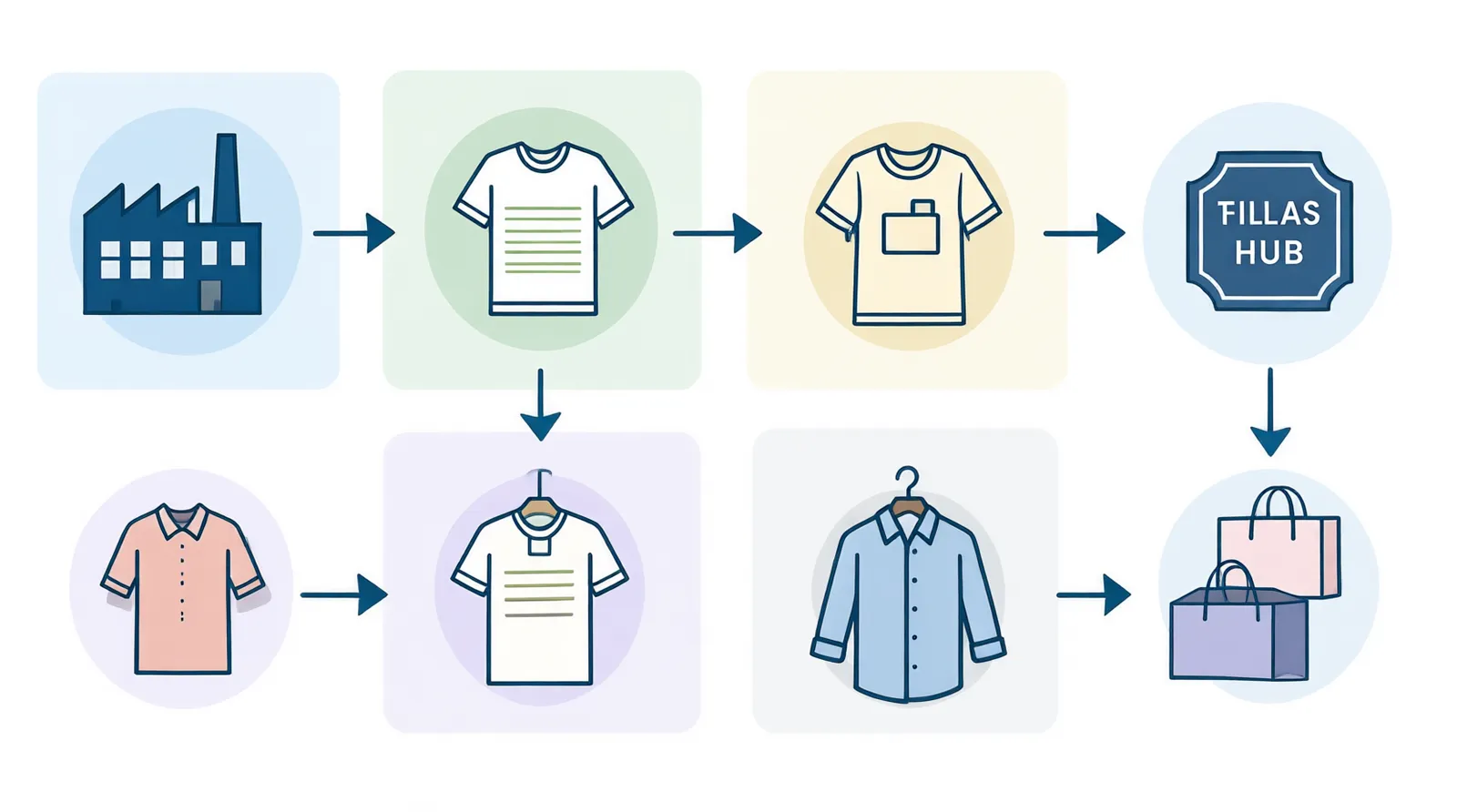 wholesale women's clothing in dallas tx - An informational diagram showing the supply chain flow from a Chinese garment factory, through a managed sourcing partner handling quality checks and customs paperwork, arriving at a Dallas distribution hub, and finally shipping to a DTC brand's fulfillment center