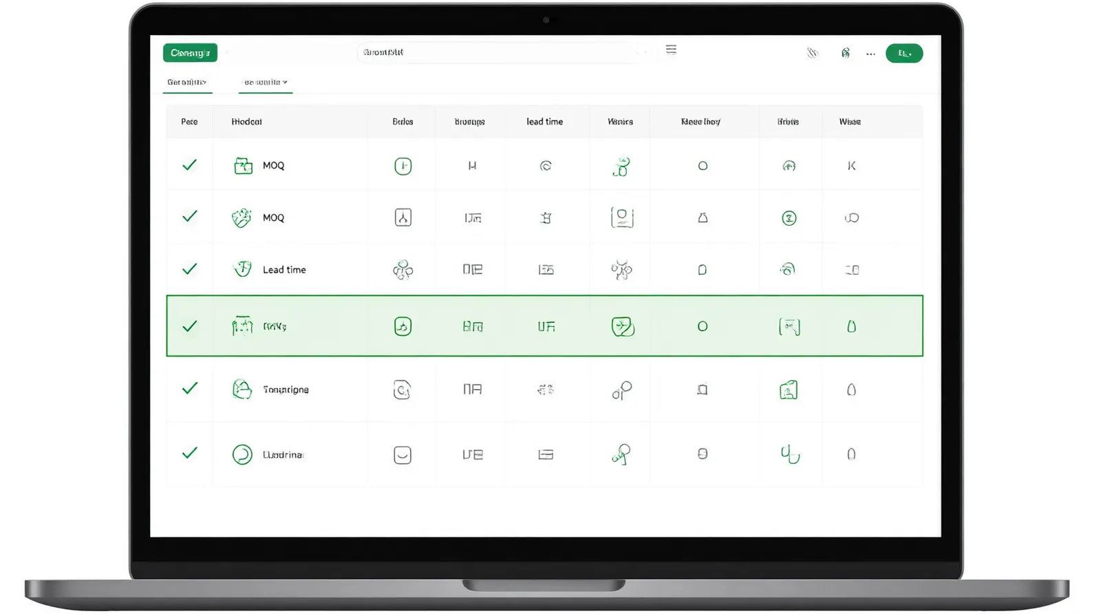 wholesale women's clothing in dallas tx - An annotated UI mockup of a B2B sourcing dashboard displaying a vendor comparison matrix, highlighting columns for MOQ, lead time, sample status, and unit price, with one row checked as 'Approved'