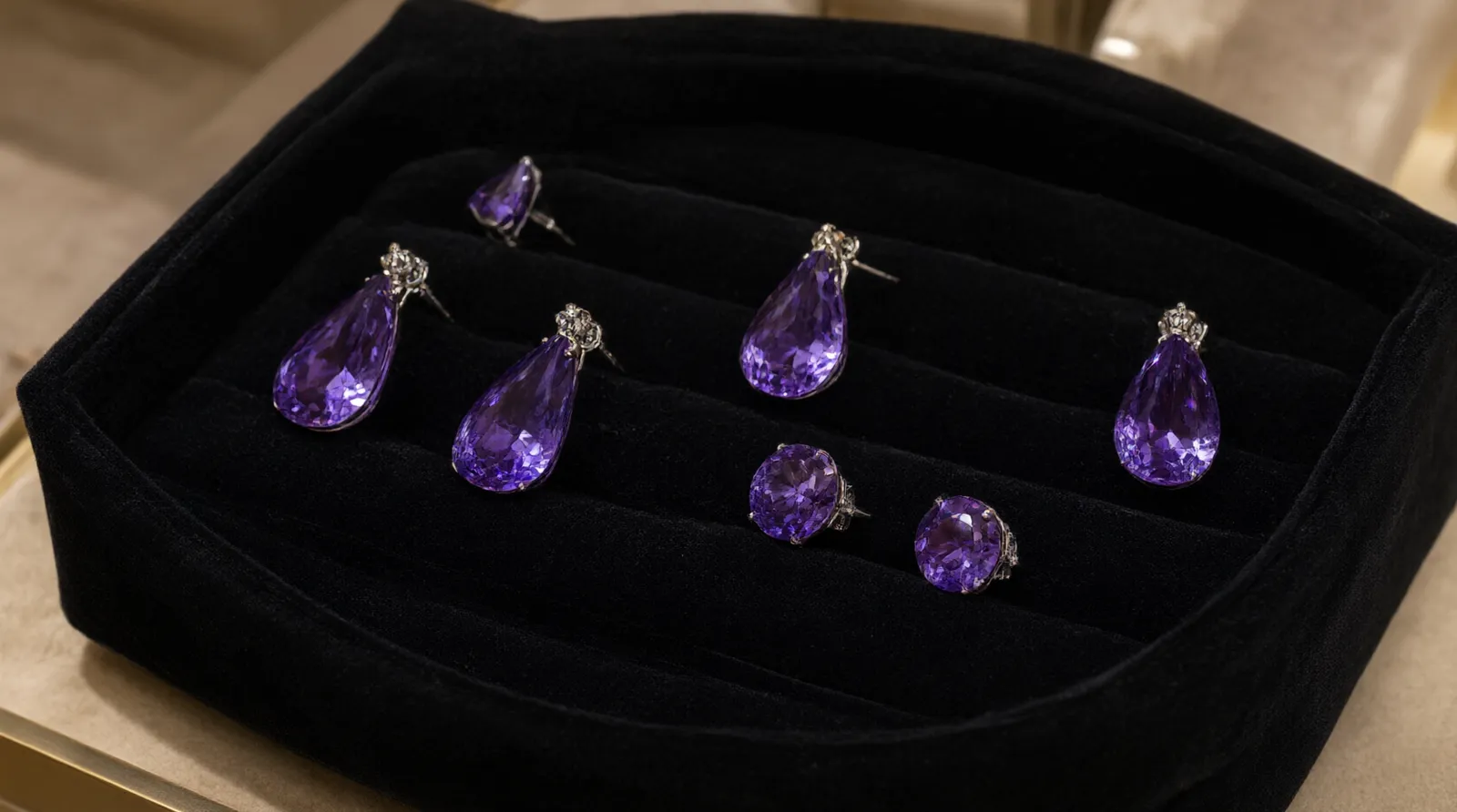 améthyste bijoux - Photographie éditoriale montrant un étalage professionnel de boucles d'oreilles pendantes et puces en améthyste sur un présentoir en velours noir, typique d'un showroom B2B parisien