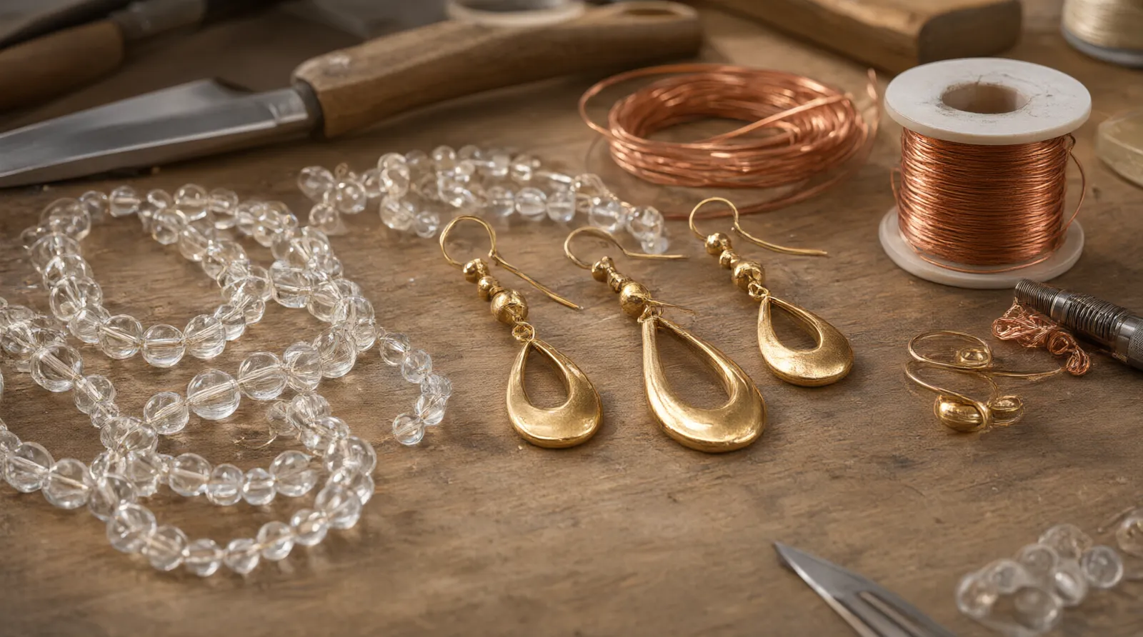 designer modeschmuck - Fotorealistische Nahaufnahme eines Arbeitstisches mit vergoldeten Tropfenohrringen, Glasperlen-Ketten und Rohmaterialien wie Kupferdraht, die den Übergang von der Werkstatt zum fertigen Schmuckstück zeigen