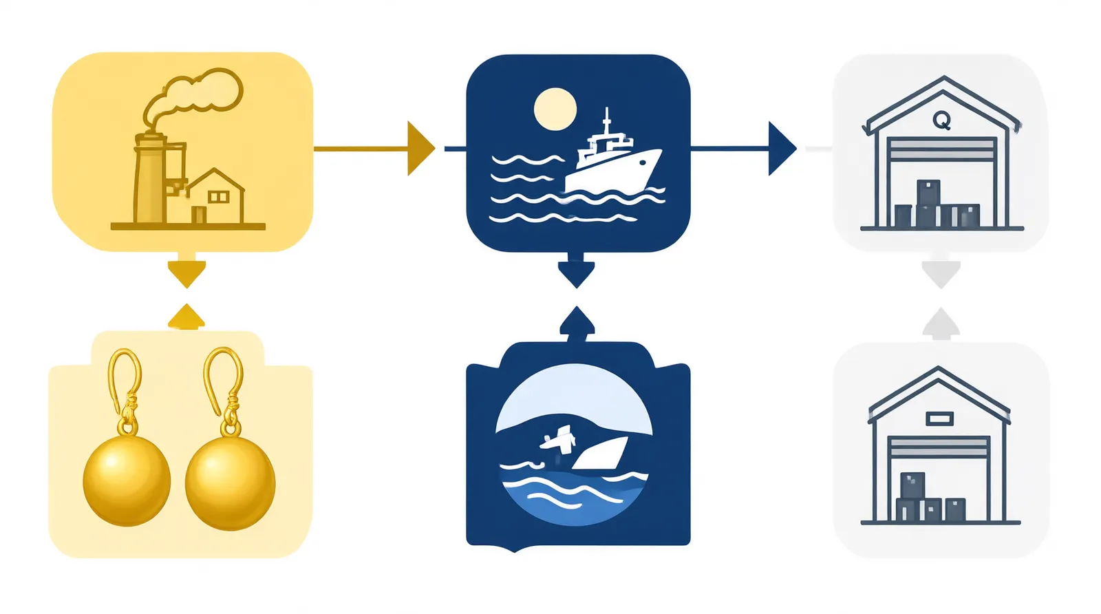 pendientes bola oro - Diagrama informativo de flujo de suministro que ilustra la cadena desde el taller de fabricación, pasando por la inspección de calidad (QC), la elección logística (marítimo/aéreo/exprés) bajo términos EXW o FOB, hasta la recepción en almacenes DTC en Europa y MENA