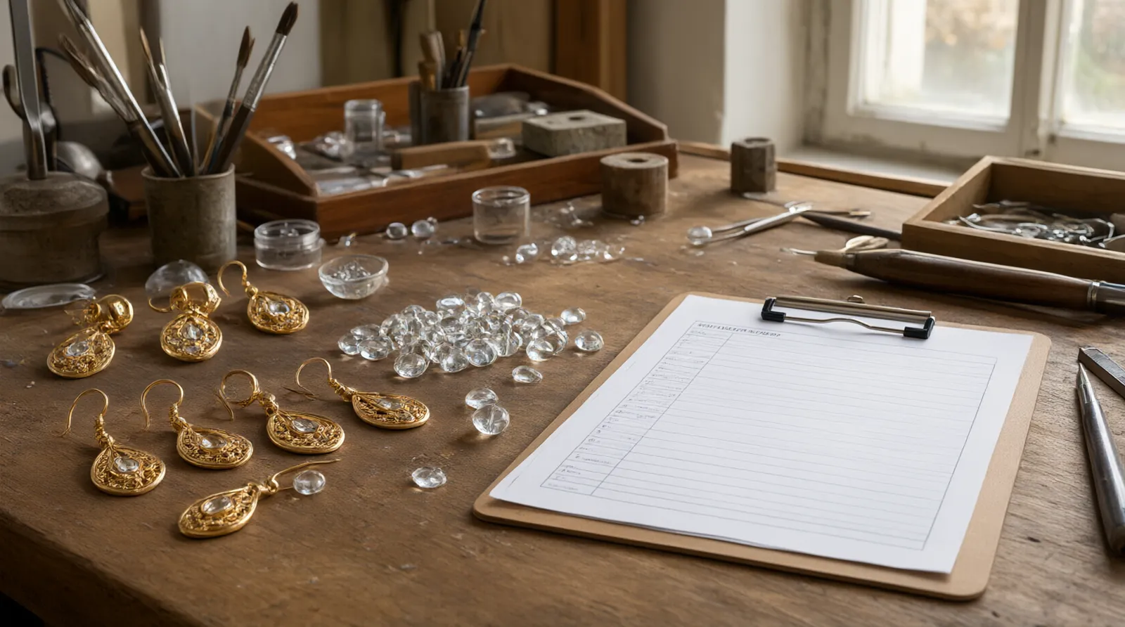 designer-modeschmuck - Fotorealistische Nahaufnahme eines Arbeitstisches in einer Schmuckwerkstatt, auf dem vergoldete Tropfenohrringe, Glasperlen und ein Prüfprotokoll liegen, um den QC-Prozess vor dem Versand zu veranschaulichen