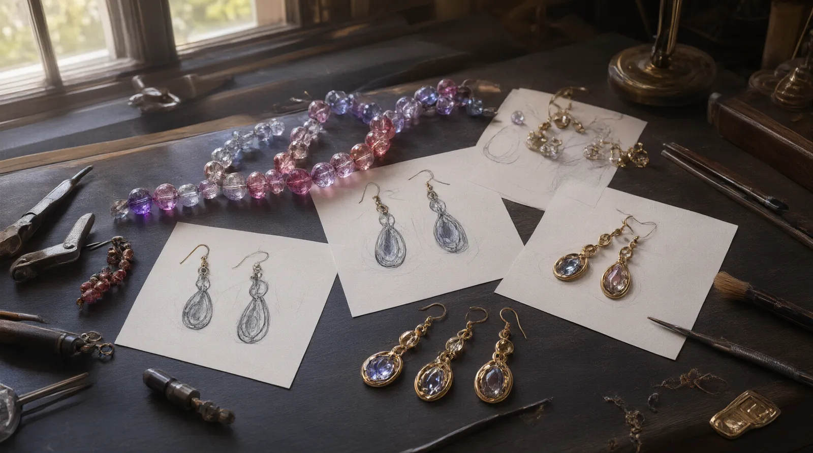 joya personalizada - Fotografía editorial de alta resolución que muestra una mesa de trabajo con bocetos técnicos de pendientes de gota vintage, muestras de abalorios de cristal degradado y piezas terminadas chapadas en oro sobre fondo oscuro
