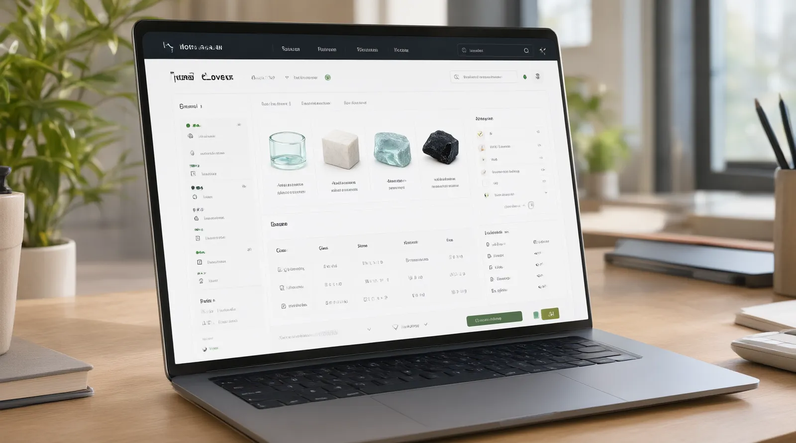 joya personalizada - Interfaz de usuario simulada (mockup) de un portal B2B donde un comprador selecciona materiales (vidrio bicolor, piedra natural), tipo de chapado (oro, rodio) y visualiza el precio estimado y el tiempo de entrega para un pedido de joyería personalizada