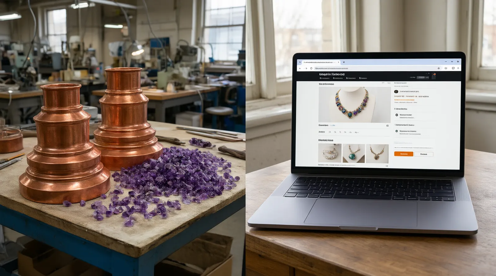 custom jewelry - Photorealistic scene showing a split-screen comparison: on the left, a procurement manager reviewing CAD files and raw material swatches (copper bases, loose amethyst, garnet stones) at a factory desk; on the right, a consumer browsing a retail website template on a laptop.