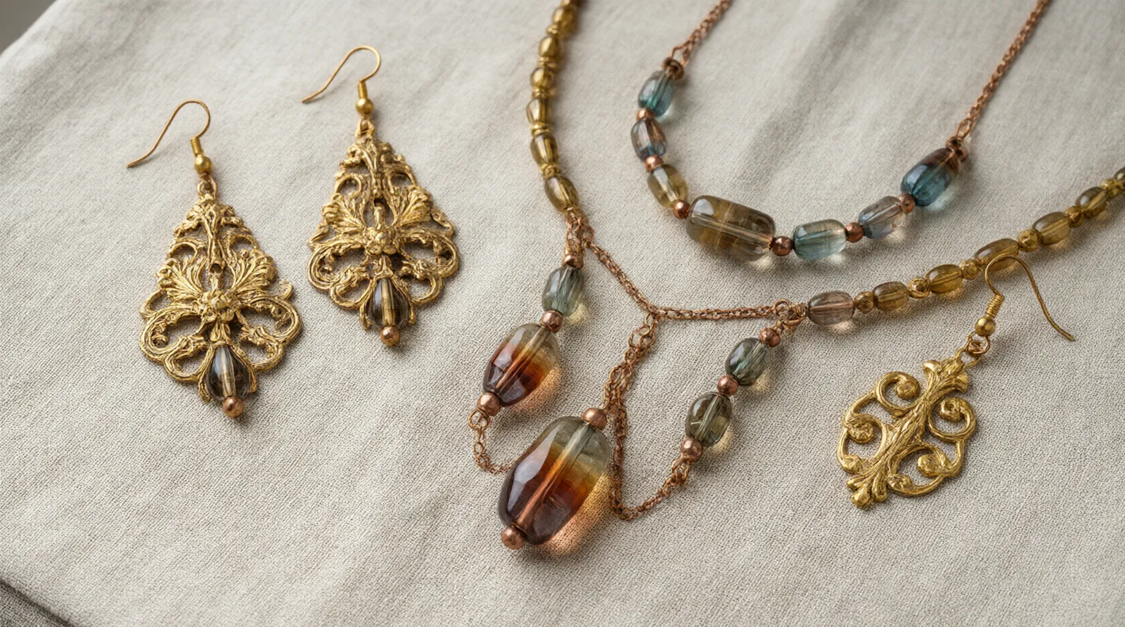 joyas vintage - Fotografía editorial profesional mostrando una selección de pendientes de gota y conjuntos de collar vintage fabricados en cobre bañado en oro con cuentas de vidrio bicolor y cristales degradados, listos para empaque B2B