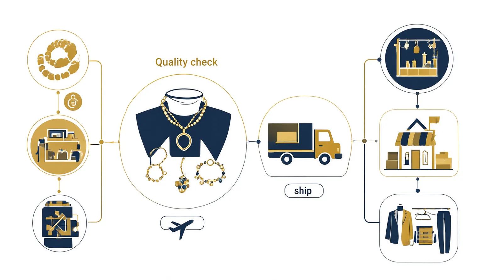site de bijoux - Diagramme d'information montrant le flux d'approvisionnement B2B depuis les ateliers de fabrication jusqu'aux détaillants en France, en mettant en évidence les étapes de contrôle qualité, les options logistiques (aérien, maritime, express) et les incoterms EXW/FOB