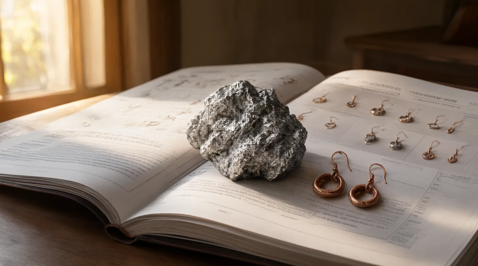 rhodium preis - Editorial conceptual photo of a procurement workspace showing a raw rhodium metal nugget resting on a printed jewelry sourcing catalog with copper drop earrings and glass bead necklaces, warm natural window light from the left, shallow depth of field focusing on the metal and catalog pages