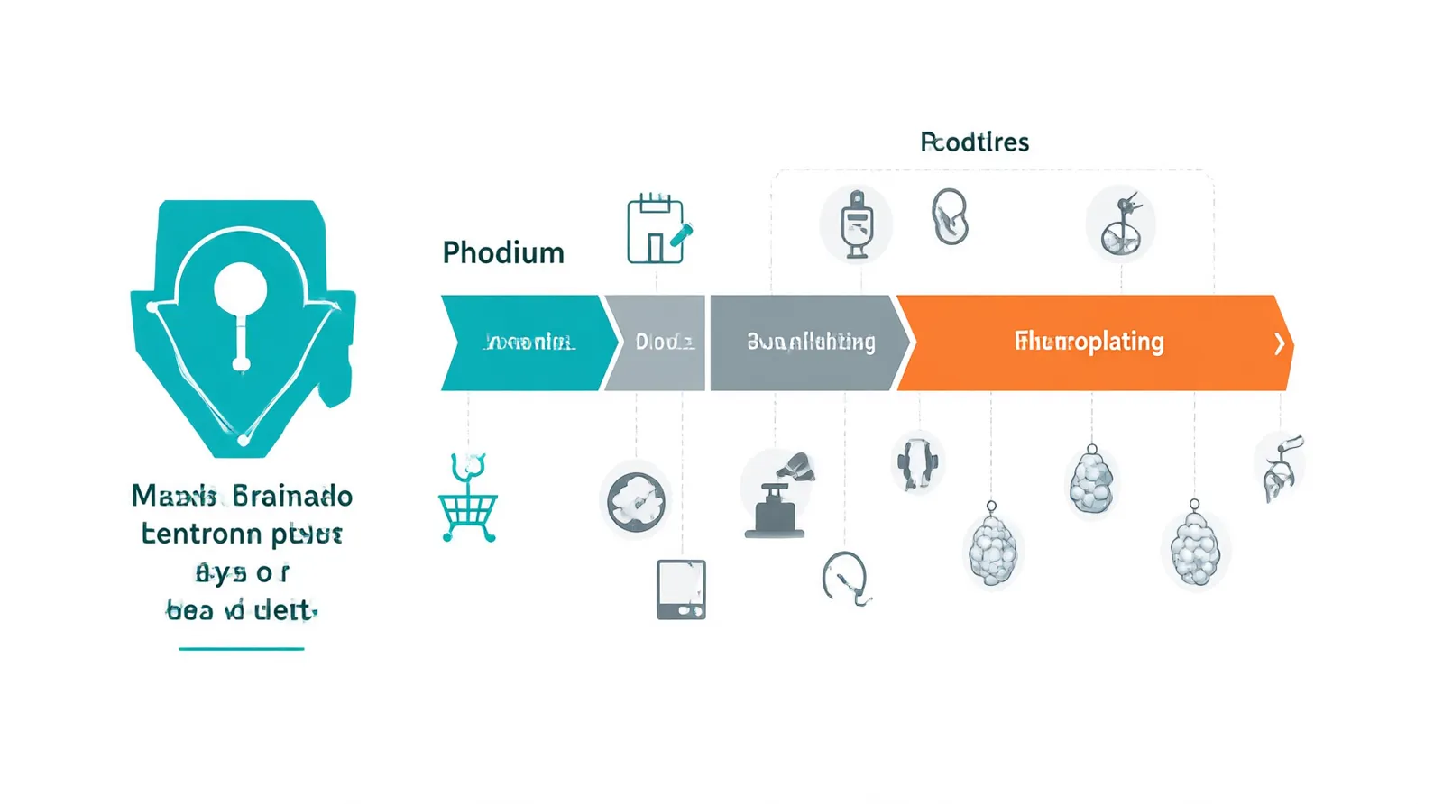 rhodium preis - Clean flat-design infographic diagram illustrating how the rhodium preis flows into jewelry production costs, showing three sequential stages (Raw Rhodium Market -> Electroplating Workshop -> Finished Earrings/Necklace) with distinct teal, orange, and gray color zones, simple icons for each stage, white background