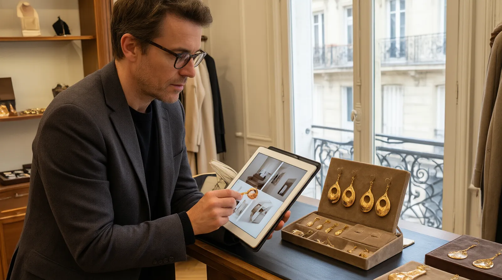 site de bijoux - Photo éditoriale réaliste d'une acheteuse professionnelle dans un showroom parisien examinant des boucles d'oreilles pendantes en cuivre plaqué or et perles de verre, comparant les échantillons physiques avec le catalogue numérique sur une tablette