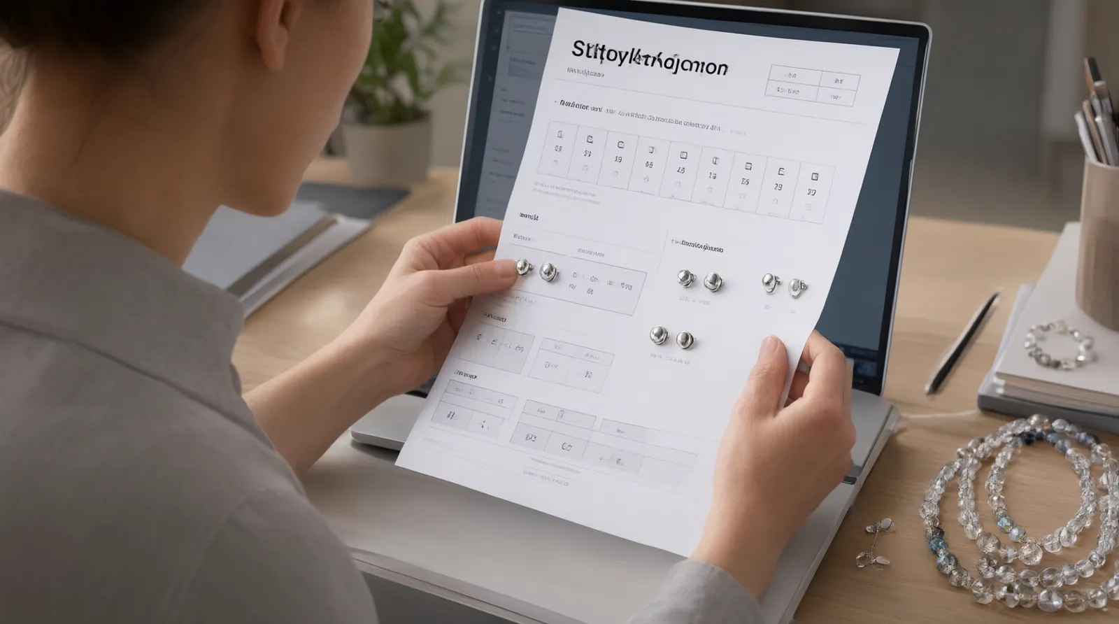 rhodium preis - Photorealistic over-the-shoulder shot of a multilingual procurement specialist reviewing a digital jewelry spec sheet on a laptop screen, showing rhodium-plated copper stud earrings and two-tone glass bead necklaces, soft office lighting, documentary style, focus on the product images and spec details