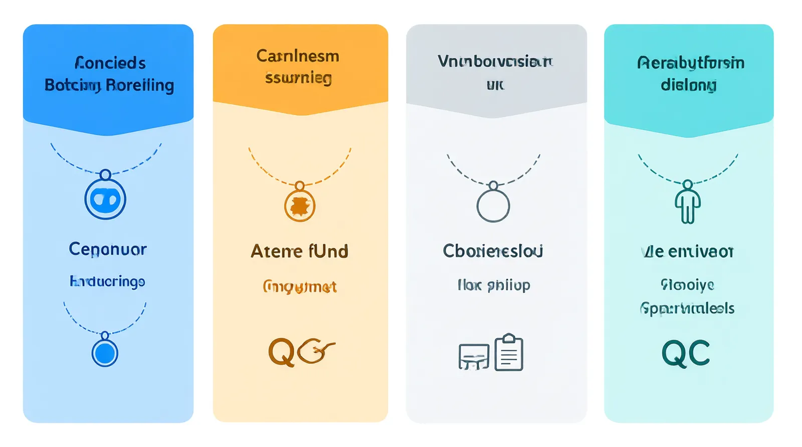 modeschmuck ketten - Clean flat-design infographic showing the B2B sourcing workflow for modeschmuck ketten, with four distinct color-coded stages: Catalog Selection (blue), Sample Approval (orange), Production & QC (gray), Shipping via Air/Sea (teal), simple icons for each step, white background