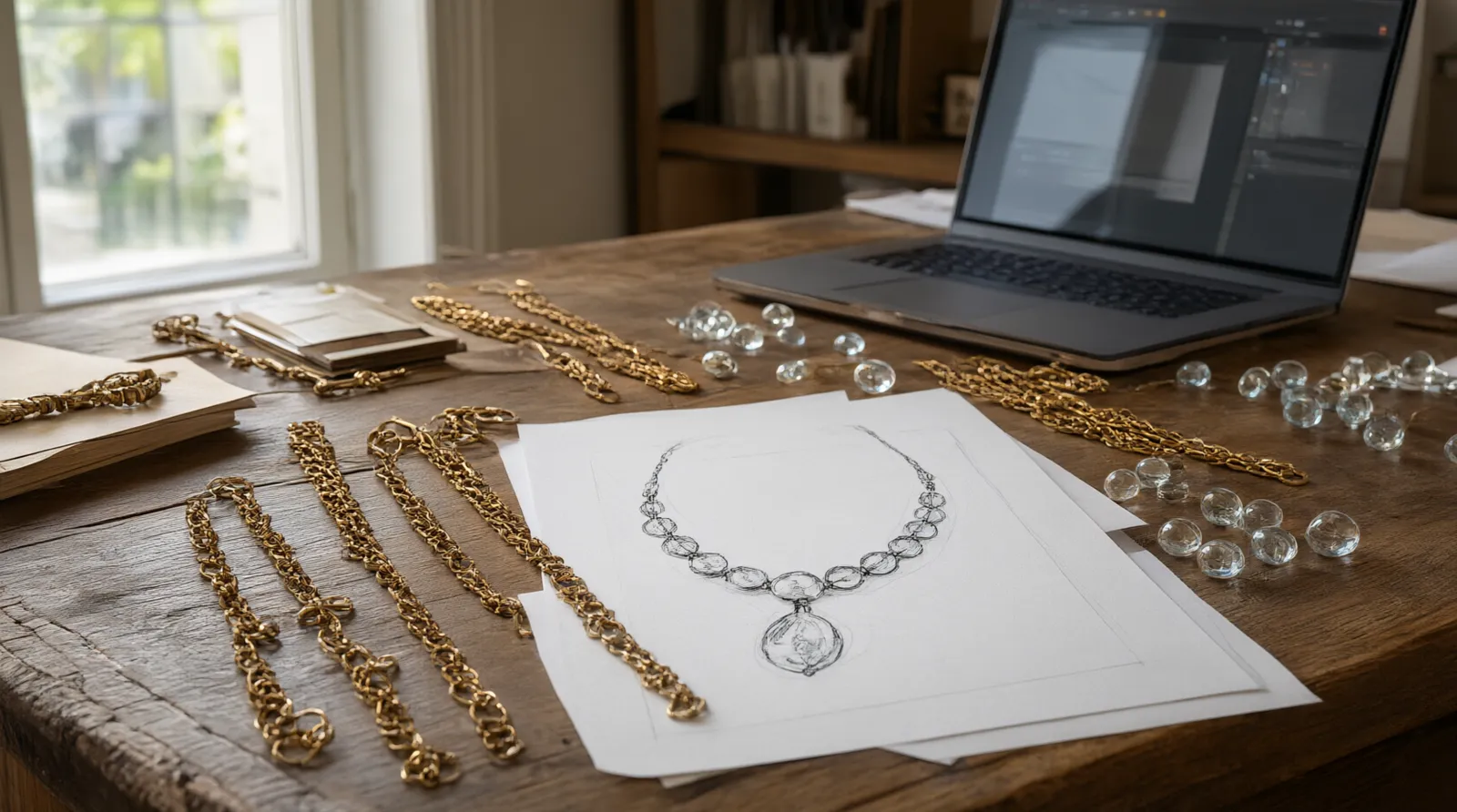 modeschmuck ketten - Editorial conceptual photo of a procurement desk: a printed technical sketch of a necklace design resting next to physical brass samples and glass beads, a laptop screen blurred in the background showing a supplier chat interface, natural window light casting soft shadows