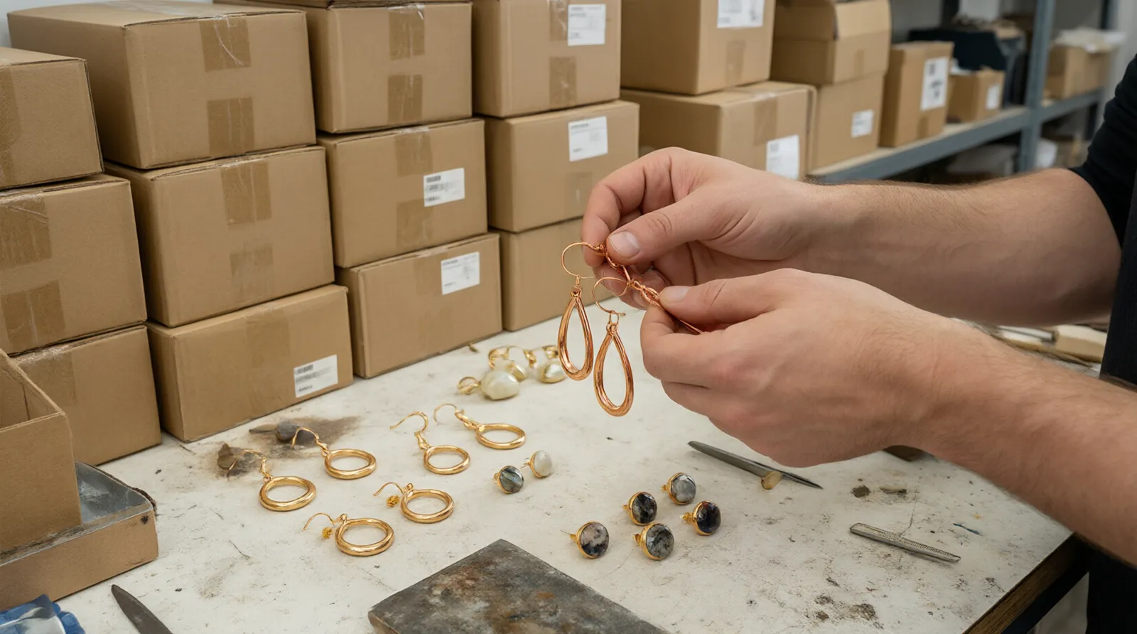 custom jewelry - A photorealistic scene of a multilingual procurement team reviewing gold-plated copper drop earrings and natural stone studs during an in-house QC inspection at a manufacturing workshop, with shipping cartons labeled for EU and MENA destinations stacked nearby