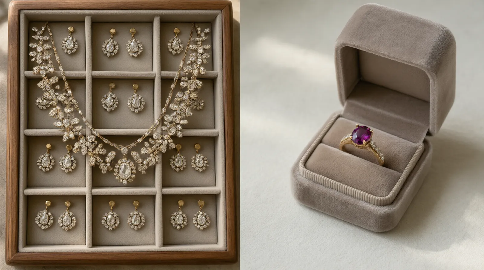 custom jewelry - A side-by-side editorial photo comparison showing a cohesive, branded 12-piece wholesale tray of vintage rhinestone necklace and earring sets (custom jewelry) next to a single retail-branded velvet box containing one personalized birthstone ring (alternative)