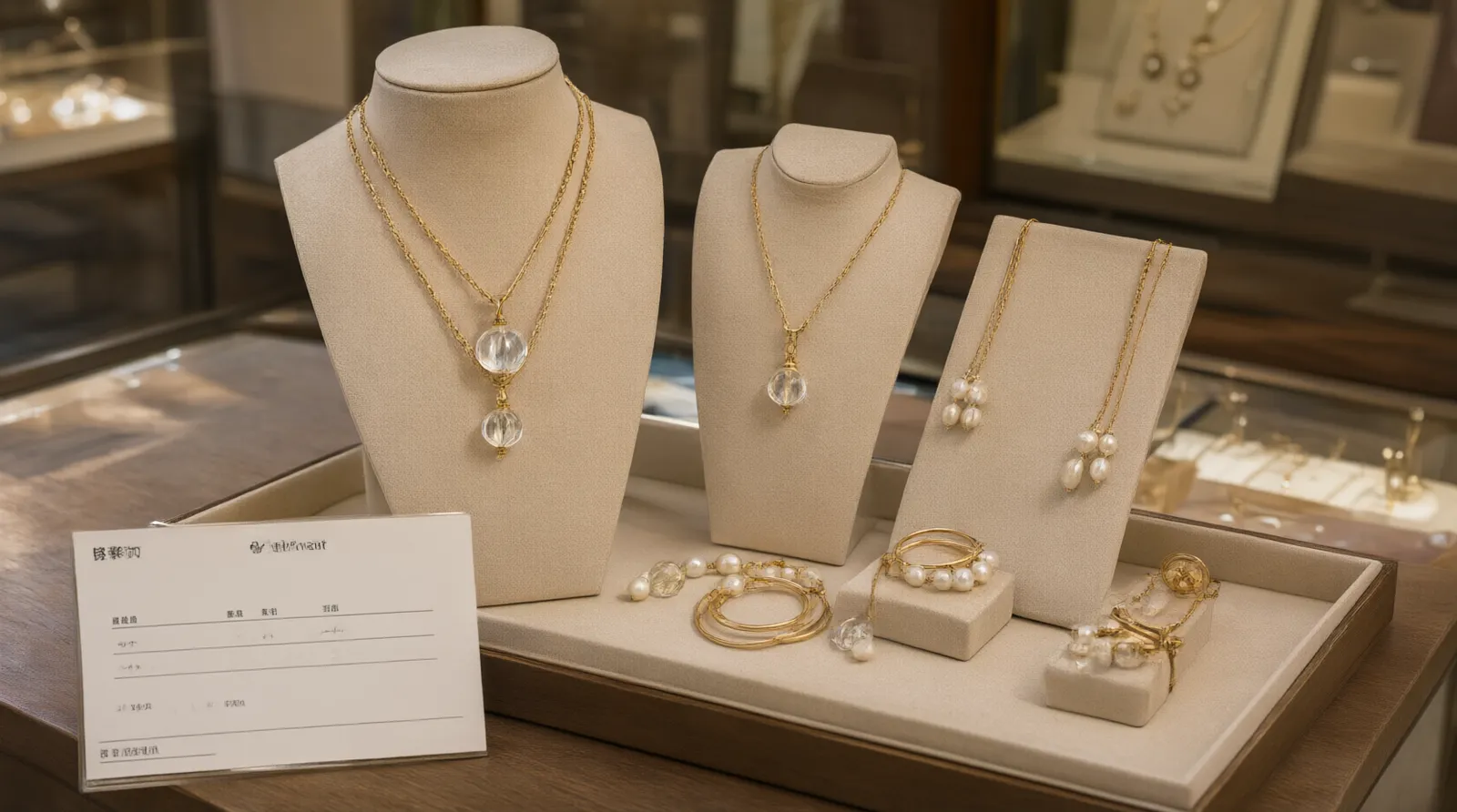bijoux couple - Photo éditoriale photoréaliste d'un étalage de showroom B2B présentant des parures de bijoux couple en cuivre plaqué or et perles de verre, avec des fiches techniques de contrôle qualité visibles au premier plan