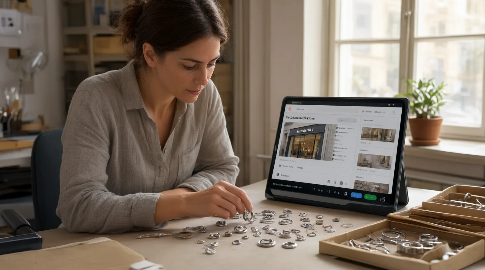 trading company - Photorealistic scene of a sourcing manager reviewing material samples of custom stainless steel jewelry alongside a tablet displaying a multilingual storefront interface