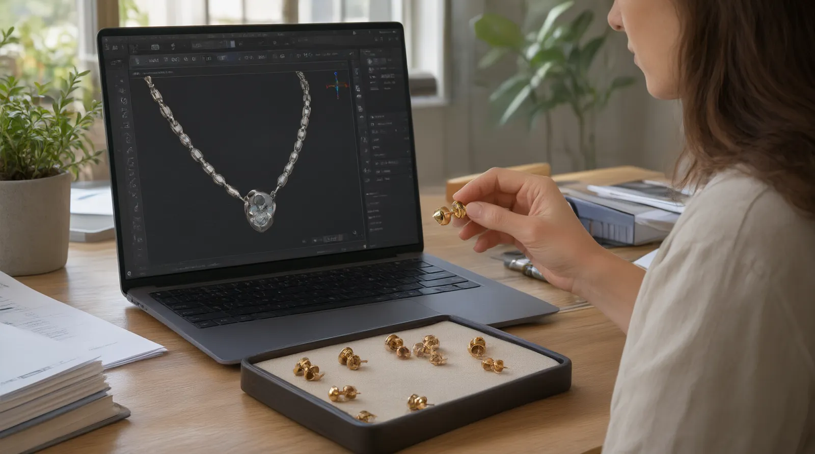 custom jewelry - Photorealistic scene showing a procurement manager comparing a small batch of gold-plated copper stud earrings from a catalog against a 3D CAD rendering of a fully bespoke custom jewelry design on a laptop screen