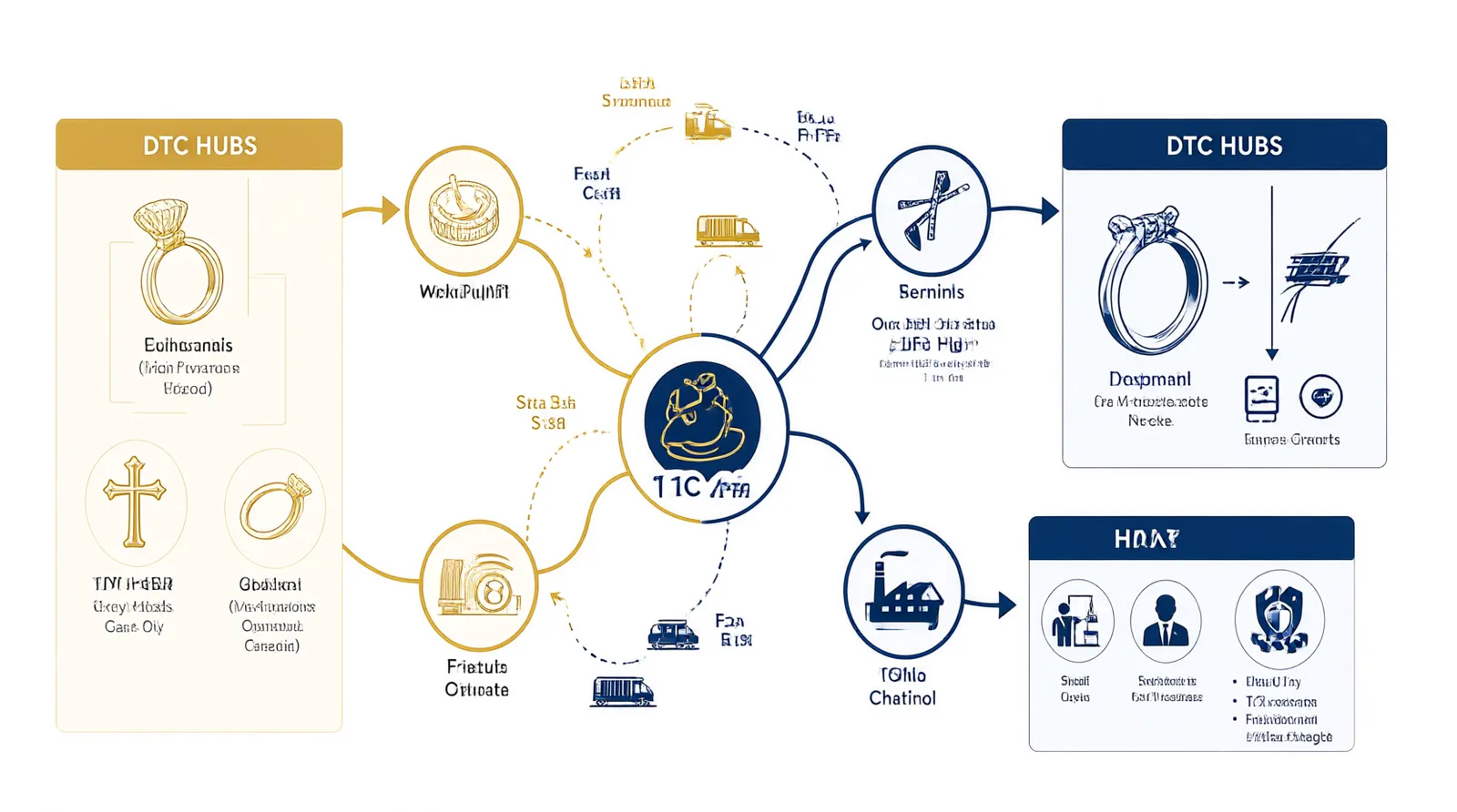 bijoux croix - Diagramme d'information montrant le flux d'approvisionnement des bijoux croix depuis les ateliers de Hangzhou jusqu'aux distributeurs DTC en Europe et MENA, incluant les étapes de contrôle qualité et les options de fret