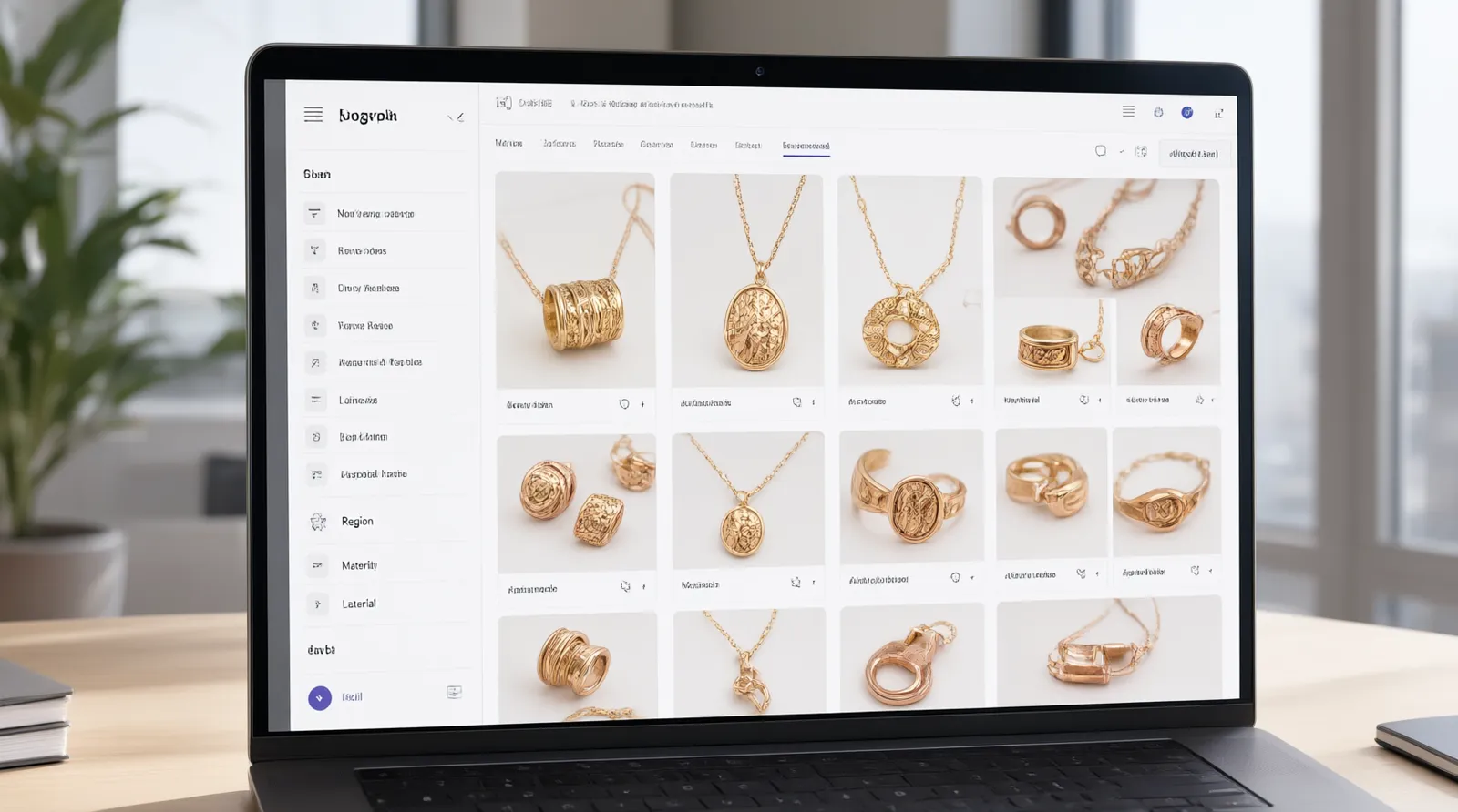 custom jewelry - Annotated UI mockup showing a B2B sourcing dashboard where a buyer filters a 114-style jewelry catalog by material (gold-plated copper, glass beads), MOQ (12 pcs/style), and target region (MENA, EU)