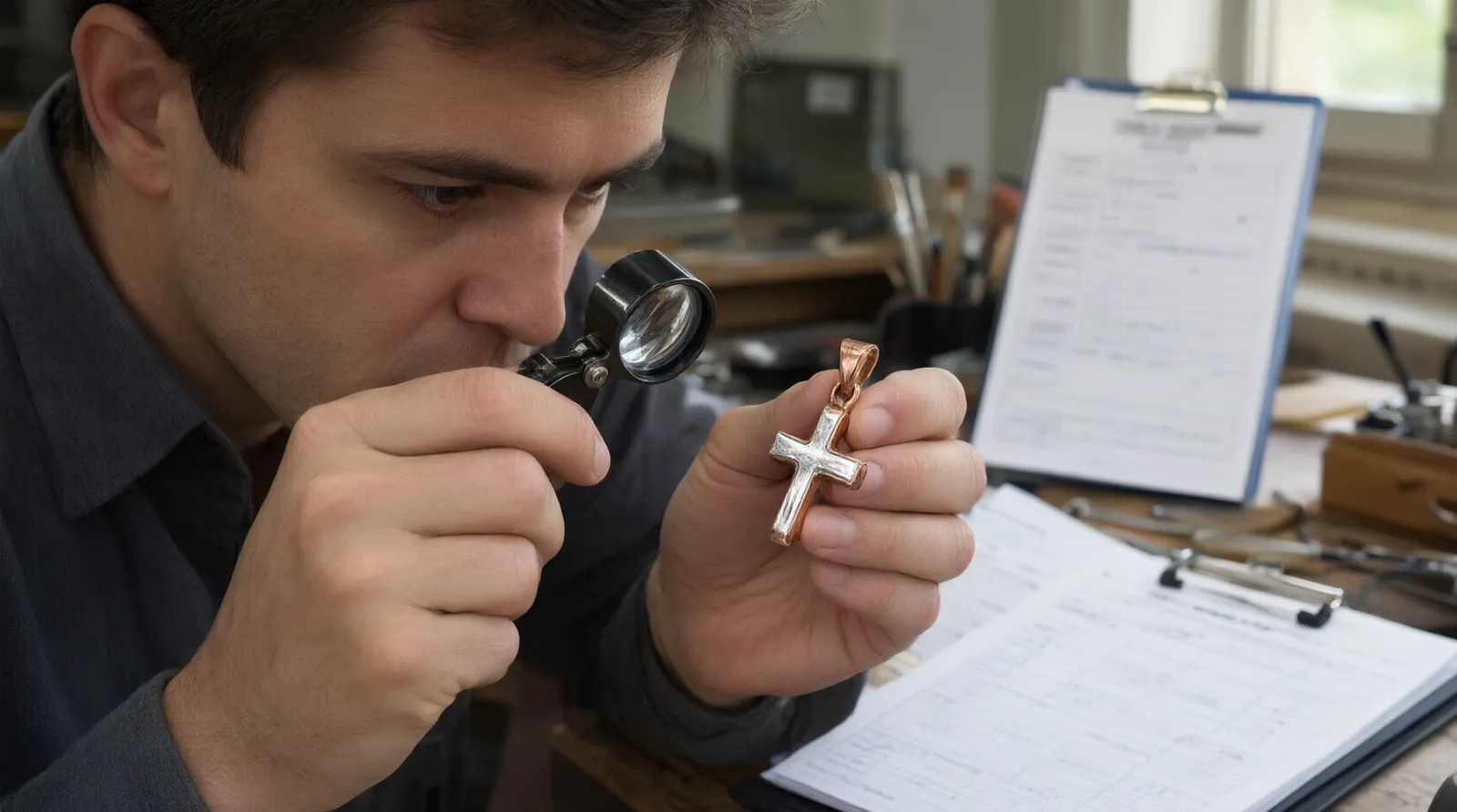 bijoux croix - Photo éditoriale photoréaliste d'une table de travail d'inspecteur qualité à Hangzhou, examinant à la loupe le placage rhodium d'un pendentif croix en cuivre, avec des fiches de contrôle en arrière-plan