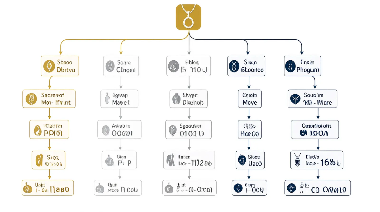 custom jewelry - Informational diagram mapping the decision flow for jewelry buyers, branching from "Commercial Volume Needed?" down to specific sourcing channels based on MOQ requirements, material types, and geographic target markets