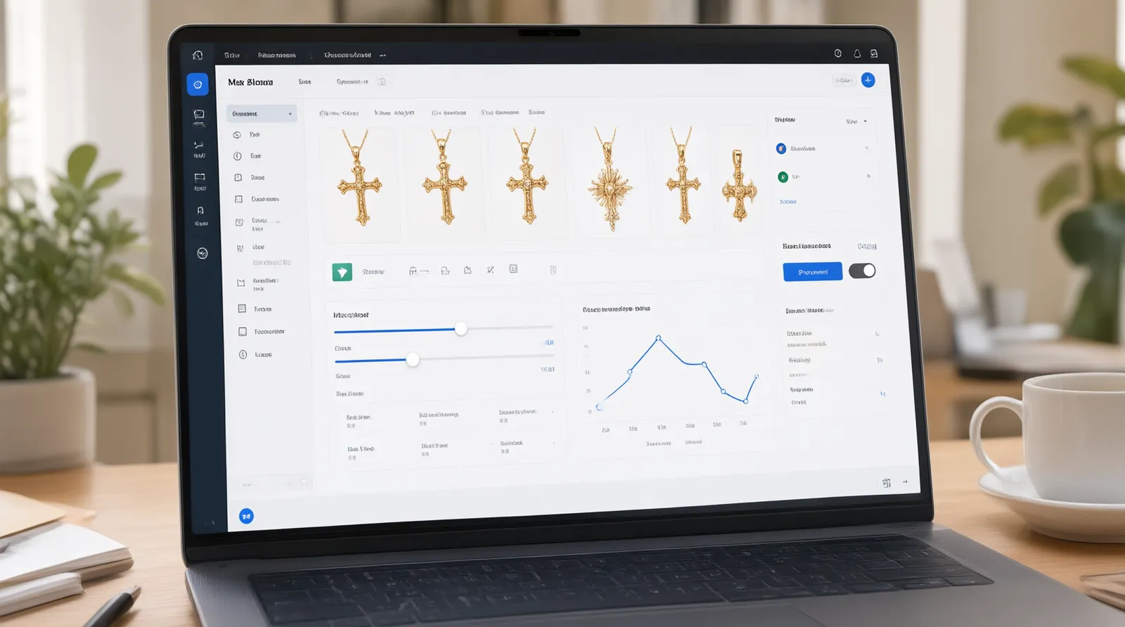 bijoux croix - Maquette d'interface utilisateur annotée montrant un tableau de bord B2B où un acheteur sélectionne des variantes de bijoux croix, ajuste le MOQ, choisit l'option de fret EXW et valide le paiement via Xtransfer
