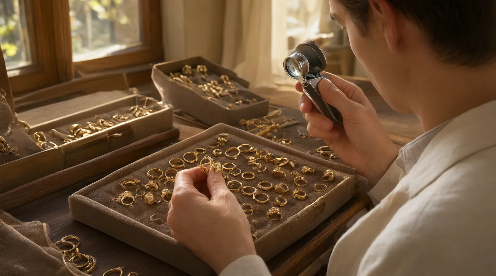 wholesale jewelry and - Photorealistic over-the-shoulder shot of a procurement manager examining 18k gold-plated brass rings on a velvet tray, using a jeweler's loupe under warm natural window light in a professional buying office, shallow depth of field focusing on the metal finish and craftsmanship details