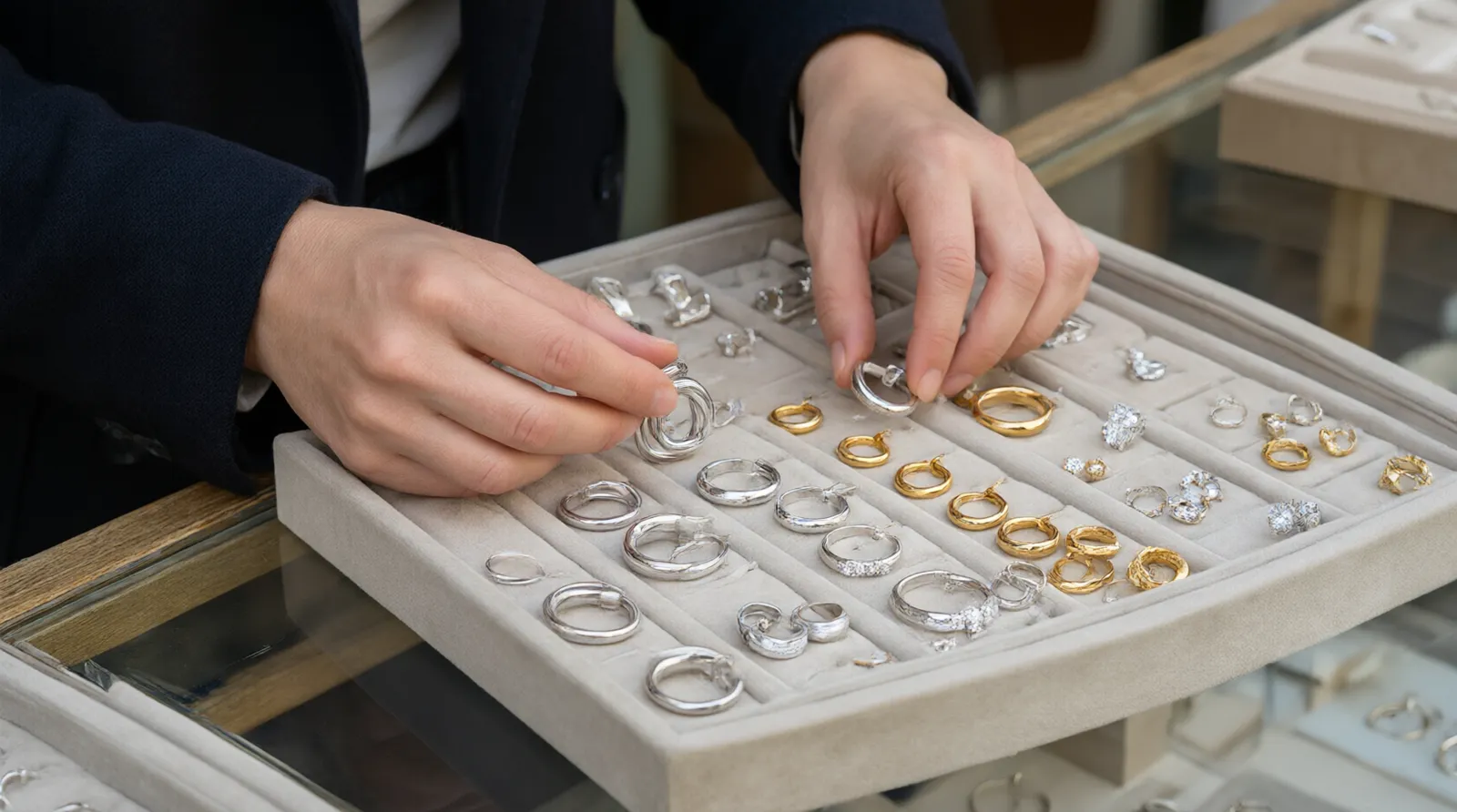 pendientes aros plata - Fotografía editorial mostrando una bandeja de muestrario con diferentes estilos de pendientes aros plata, dorados y con incrustaciones de cristal, dispuestos para la inspección de calidad de un comprador mayorista