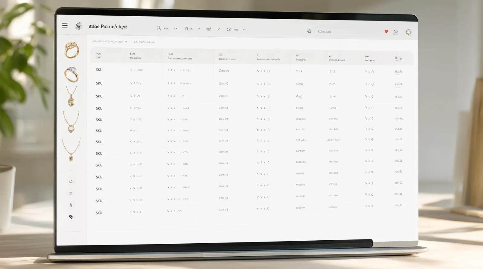 wholesale jewelry and - Annotated UI mockup of a modern B2B wholesale jewelry procurement dashboard displayed on a laptop screen. The interface shows a sidebar with categories (Rings, Necklaces, Bracelets), a central table listing SKUs with columns for Material, Dimensions, MOQ, Unit Price, and Lead Time, and a top banner indicating 'Order Status: In Production'. Soft daylight reflection on the screen, clean minimalist design.